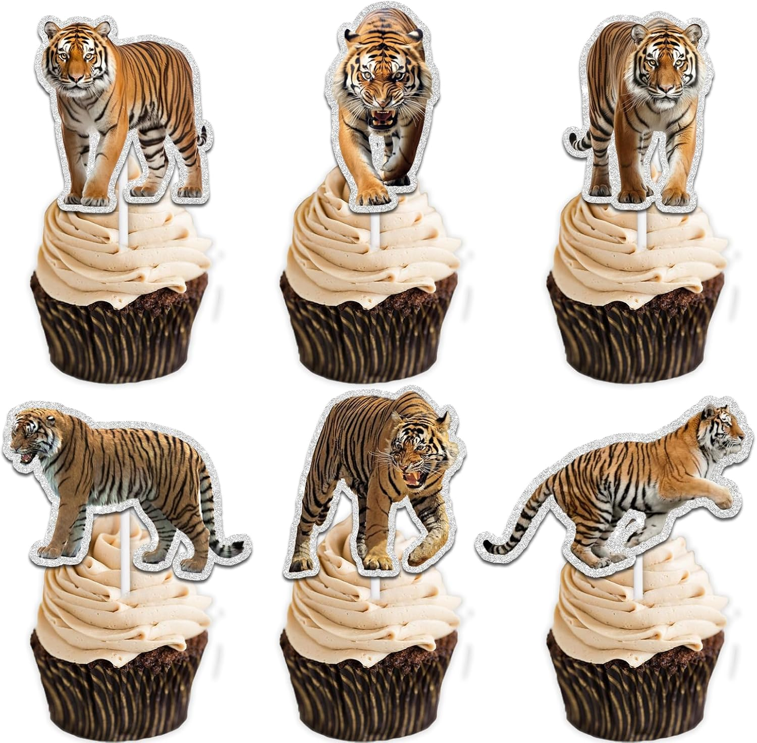 18Pcs Gold Glitter Tiger Dessert Cupcake Topper Pick for King of Animals Theme Decor Supplies Baby Shower Boy Girl Happy Birthday Party Decoration image number 1