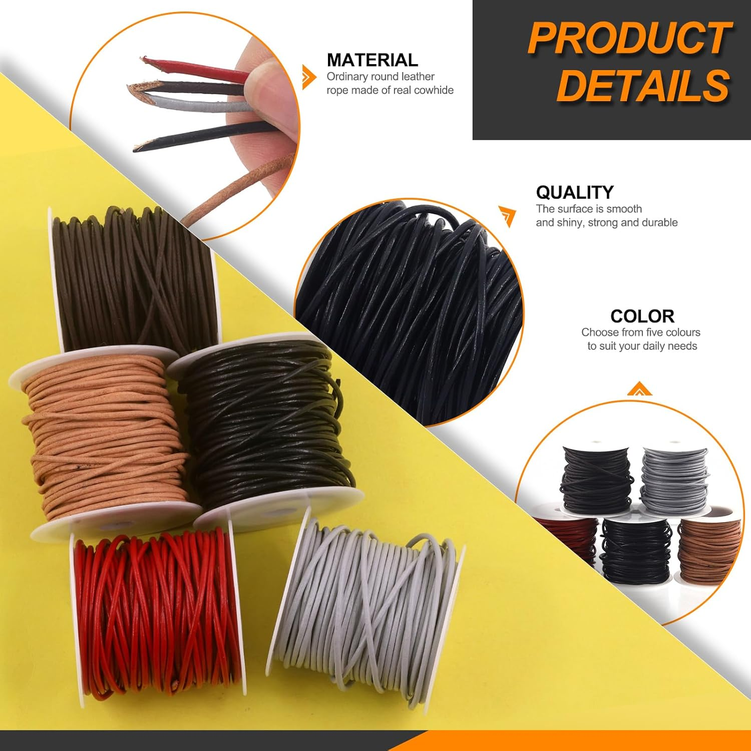 11 Yards X 2Mm Light Gray round Leather String Cord Soft Leather Rope Cord Spool for Necklaces Bracelets Shoelace Wrapping Crafts Jewelry Making Supplies image number 3