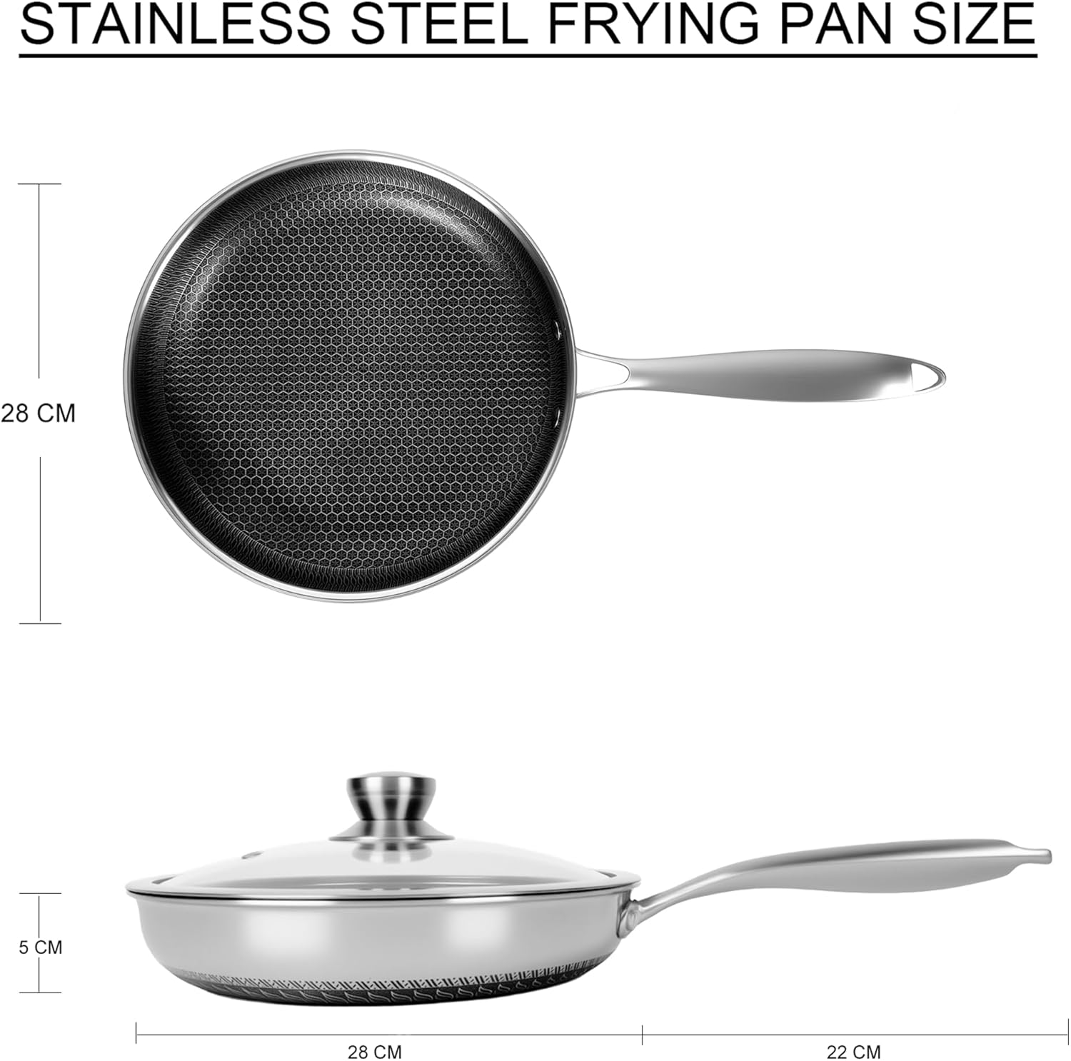 BIRFYDO 28Cm Nonstick Frying Pans with Lid, Non Stick Stainless Steel Skillets, Dishwasher and Oven Safe, Stay-Cool Handle, Compatible with All Cooktops, PFOA Free Cookware image number 2