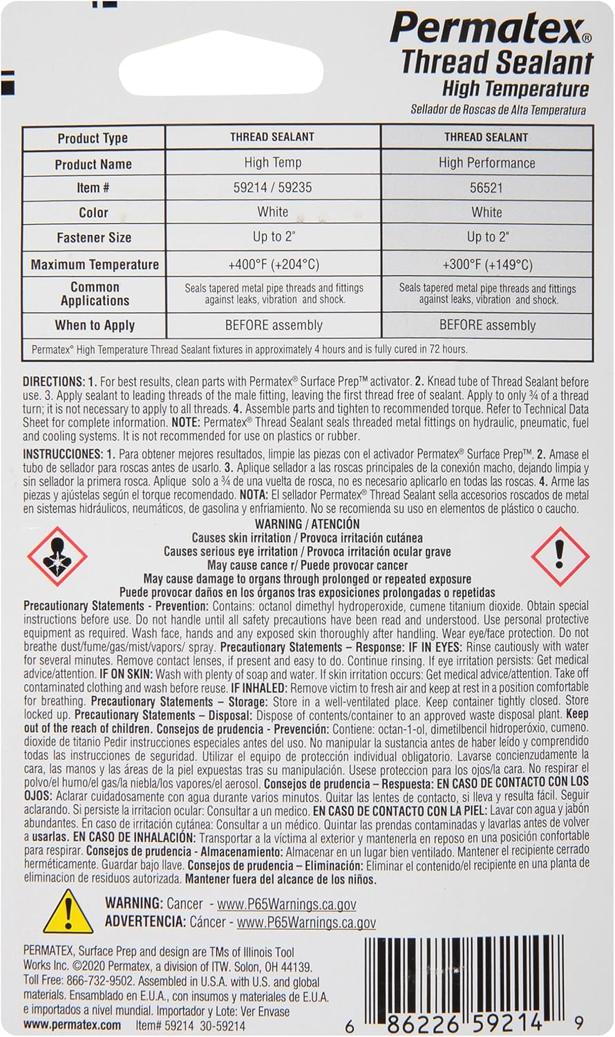 Permatex 59214 High Temperature Thread Sealant, 6 Ml Tube image number 4