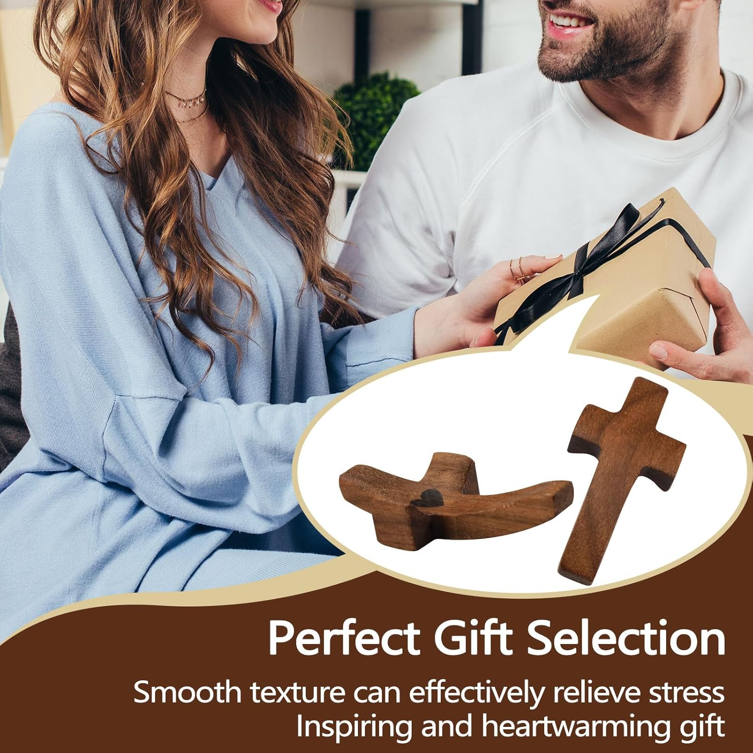 5 Pack Cross My Heart, Walnut Wooden Pocket Cross, 2" Small Carrying Prayer Cross for Hand Holding, Wood Comfort Palm Cross Religious Encouragement Present for Praying Clutching Clinging (5Pcs) image number 3