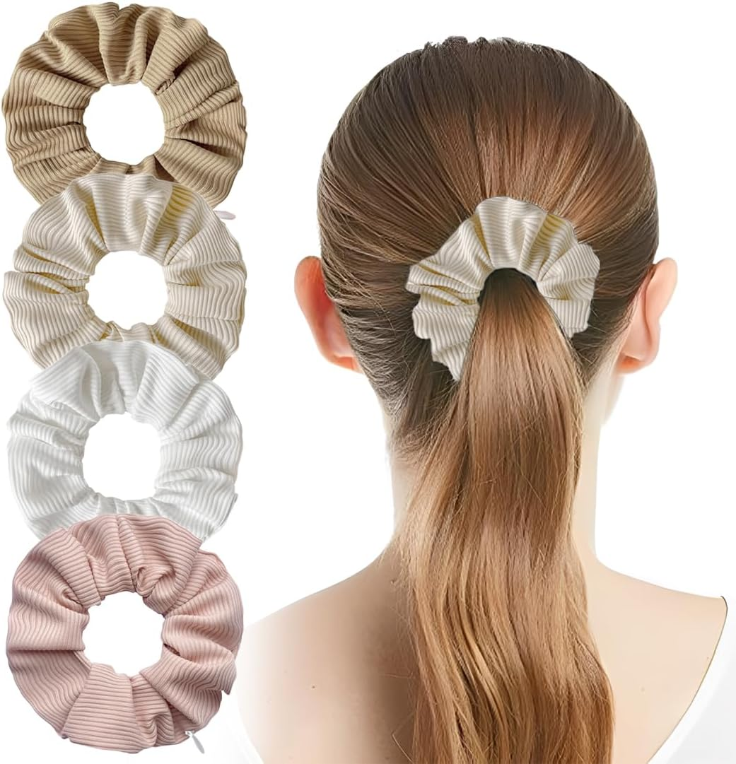 Pack of 4 Women'S Hair Bobbles with Zip Pocket, Knitted Scrunchies, Elastic Hair Bands for Women and Girls