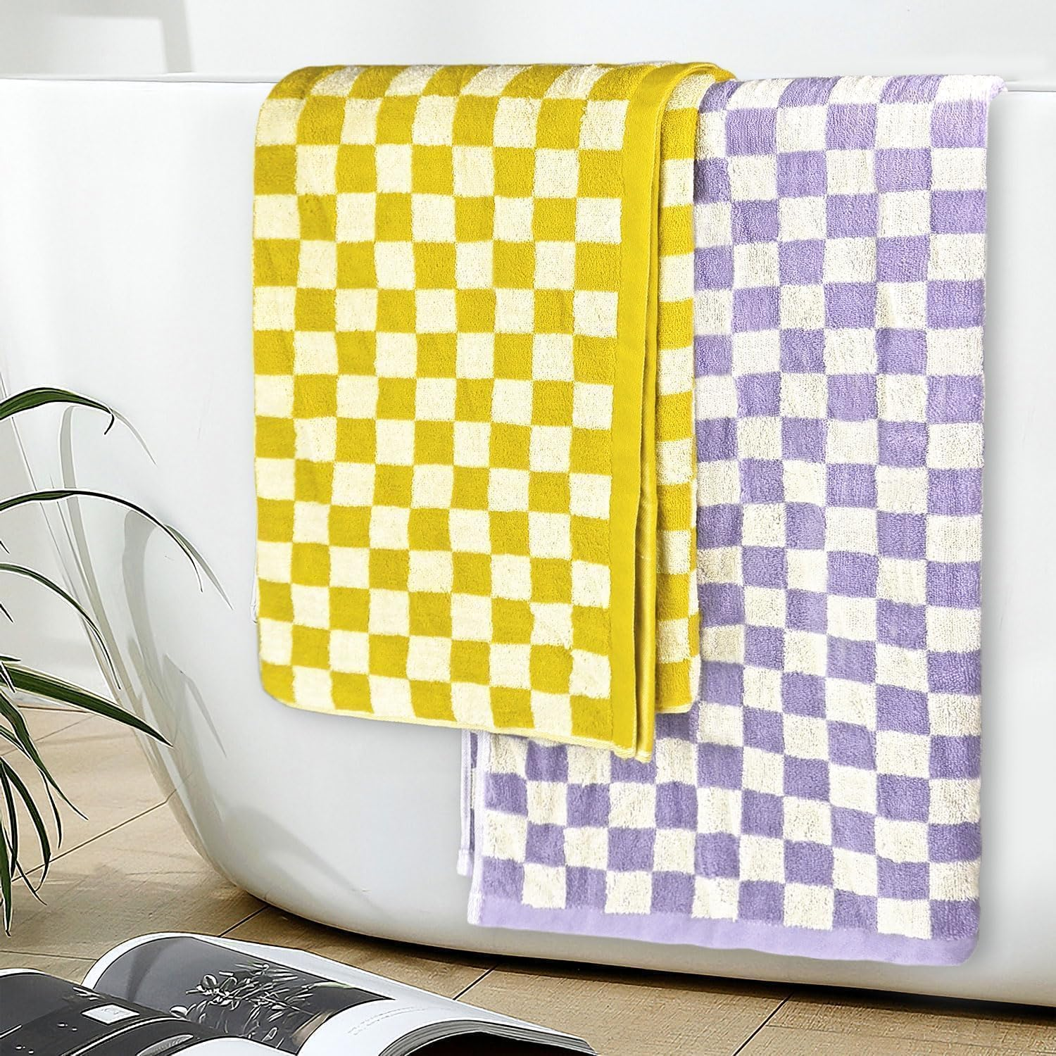 Jacquotha Checkered Bath Towel Set in Yellow and Lilac, Soft Decorative Towels for Bathroom Spa Beach, Large Shower Towels 2 Pack 55&rdquo; X 27.5&rdquo; image number 1