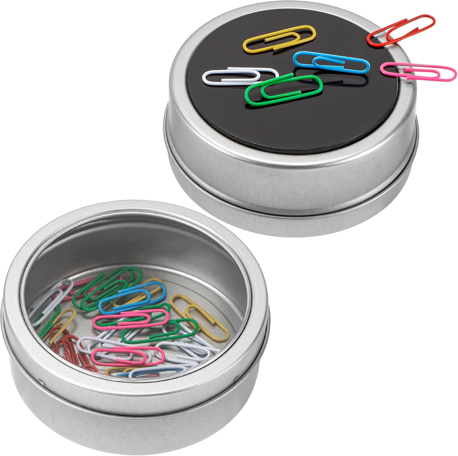 SHIDOW Magnetic round Paper Clip Holder, Stainless Steel Clip Storage Box, Cute Paperclips Smooth Wire Bookmarks in Tinplate Paper Clips Dispenser Holders(2 Pcs, Matte Silver) image number 3