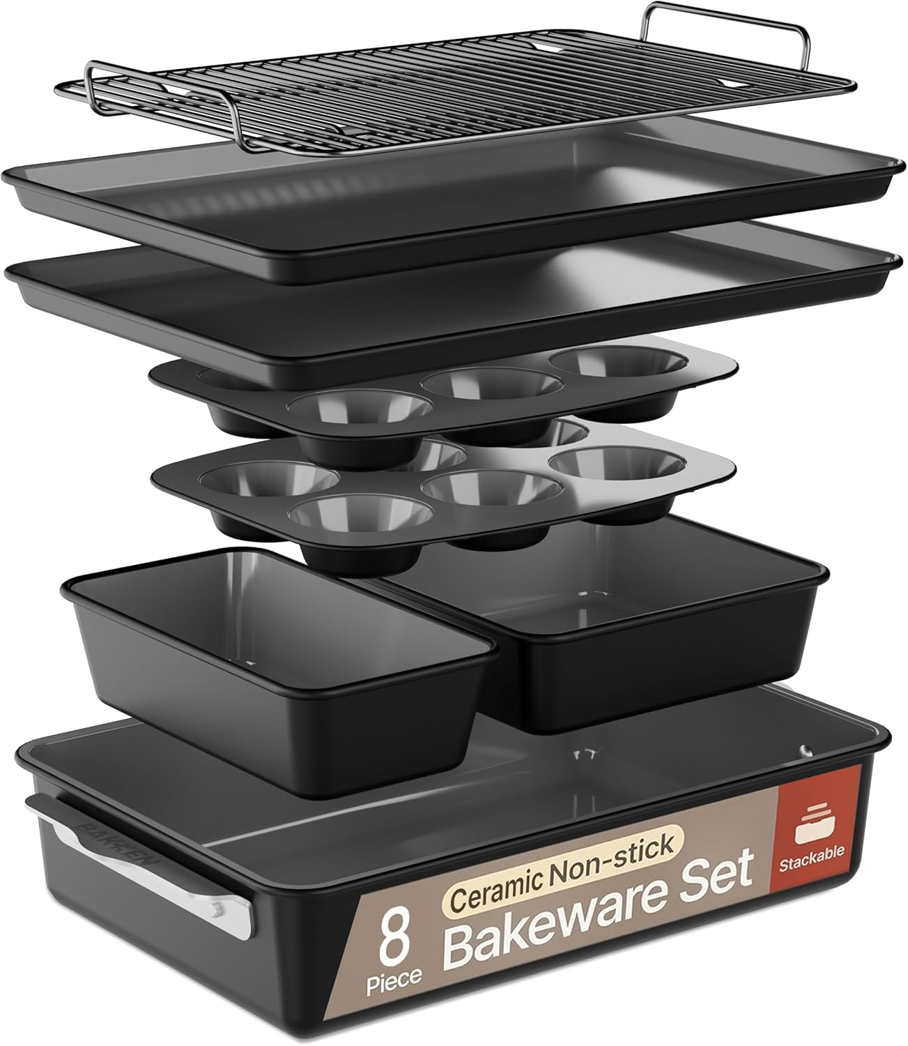 Bakken 8-Piece Ceramic Coated Bakeware Sets, Nonstick Aluminized Steel Pans with Muffin, Loaf, Cake, Roasting Pan, & Cooling Rack, Oven Safe up to 500&deg;F, Dishwasher Safe, BPA, PTFE & PFAS Free, Blue