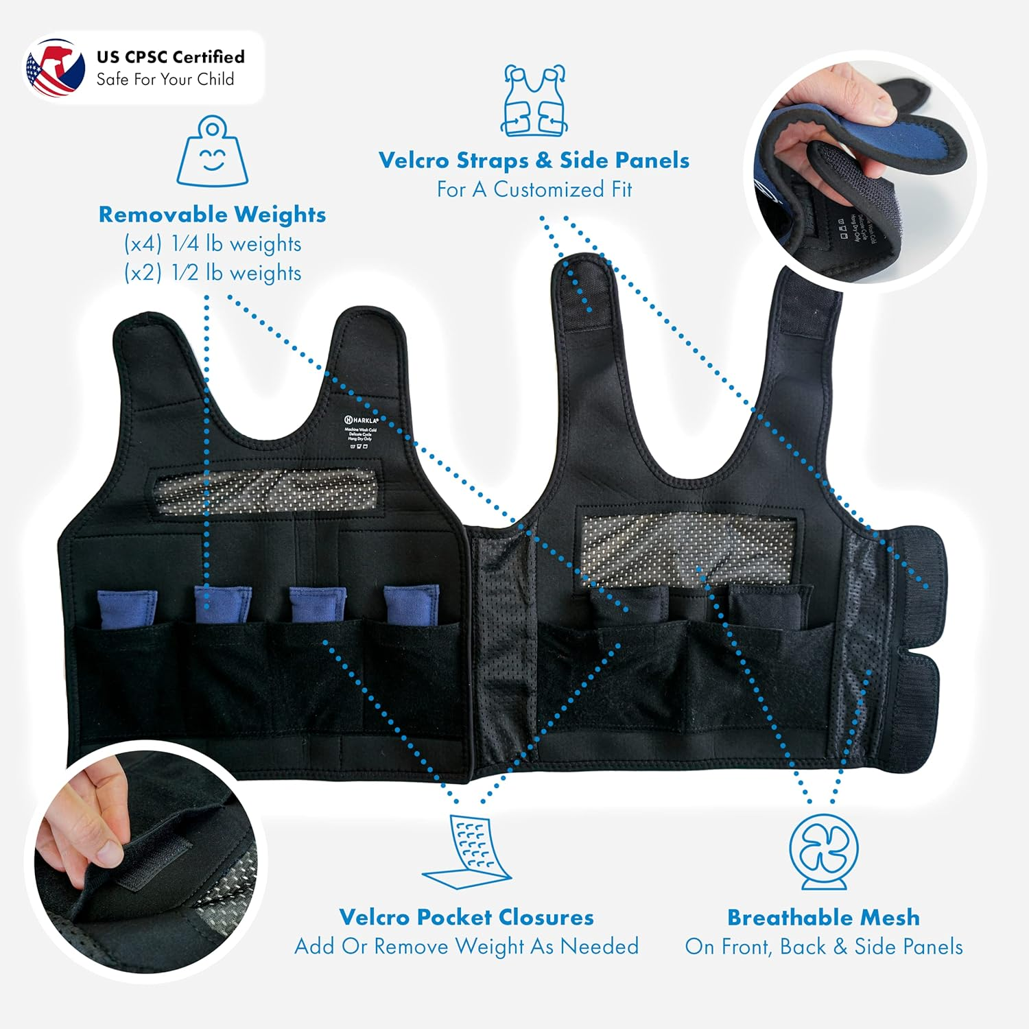 Harkla Weighted Compression Vest for Children (Ages 5 to 9) - Helps with Autism, ADHD, Mood, Sensory Overload - Weighted Vest for Kids with Sensory Issues image number 3