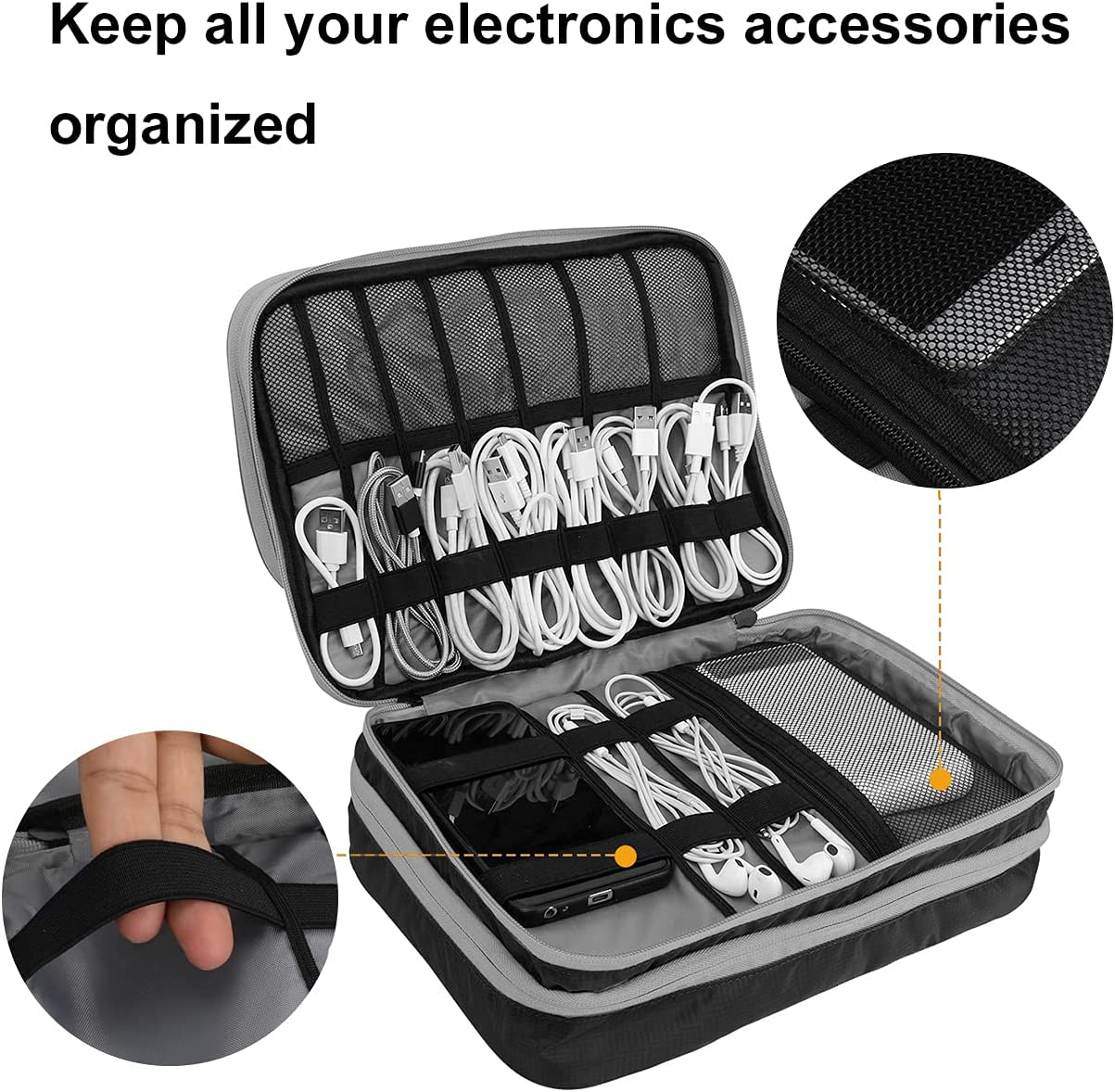 Travel Cable Organizer Bag, 3 Layer X-Large Capacity Electronics Accessories Cord Storage Case Bag for Cables, SD Card,Chargers, Power Bank, Cellphone,Tablet, Black, X-Large image number 2