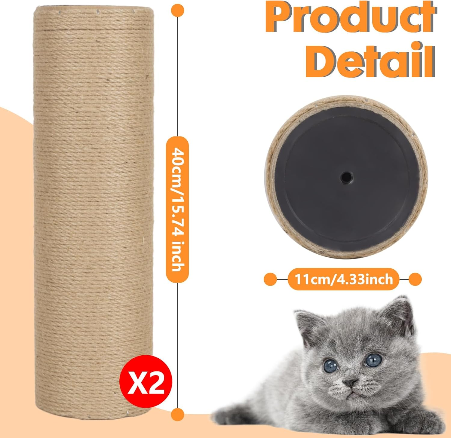 Pinkgarden Replacement Cat Scratching Post Sisal 40Cm 4.5" Thick Pack of 2 M8 Replacement Scratching Post Parts for Renovation White Includes Screws (Natural)