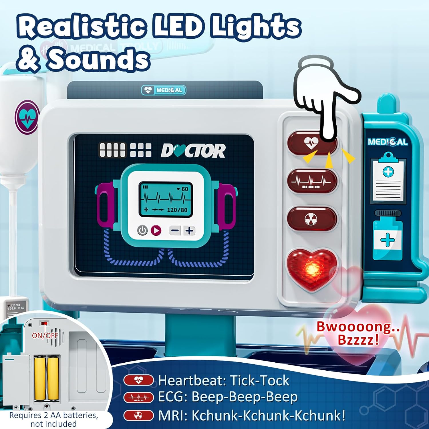 Lehoo Castle Doctors Play Sets for Kids, Toddler Toys Medical Kits with Stethoscope, Pretend Play Doctor Kit with Rolling Cart, Role Play Set for 3 4 5 Year Boys Girls image number 5