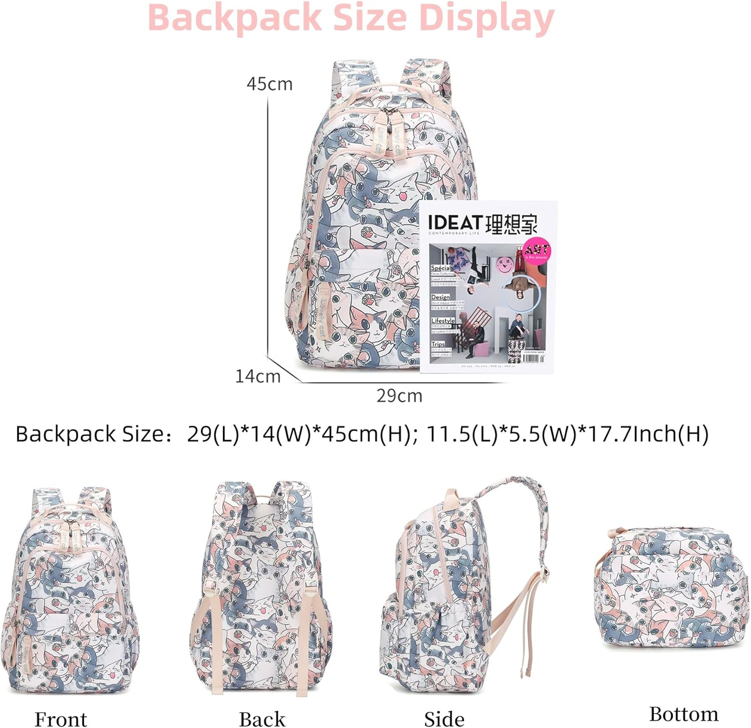 2Pcs Backpacks for Girls Cute Cat Girls Bookbag Set for School image number 6