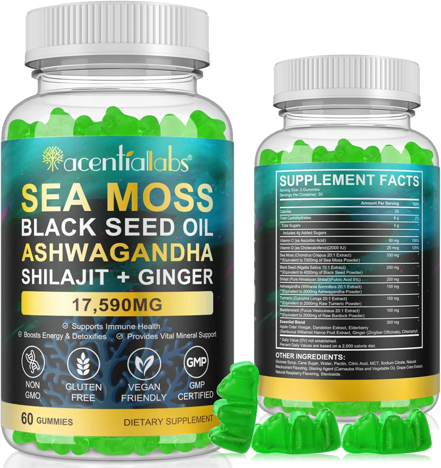 Sea Moss, Black Seed Oil, Ashwagandha, Ginger, Shilajit Gummies with Elderberry, Chlorophyll, Turmeric, Bladderwrack 17590Mg Advanced Strength Formula - All in 1 Formula - 60 Gummies image number 5