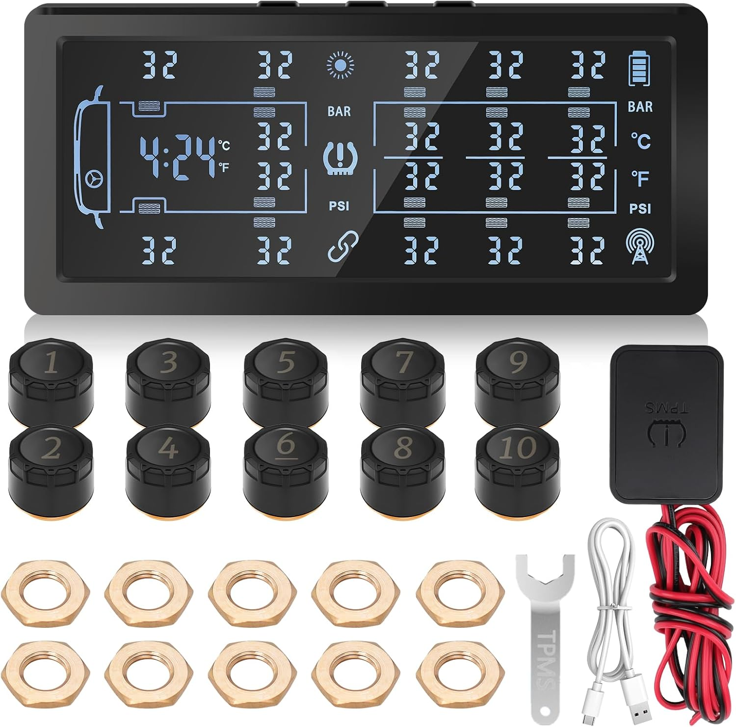 Avutrel TPMS Tyre Pressure Monitoring System Solar & USB Charging Tyre Pressure Monitor with 10 External Sensors, LCD Display & Voice Alarm, Adjustable for 4/6/8/10 Wheels Fits Car, Truck, Trailer