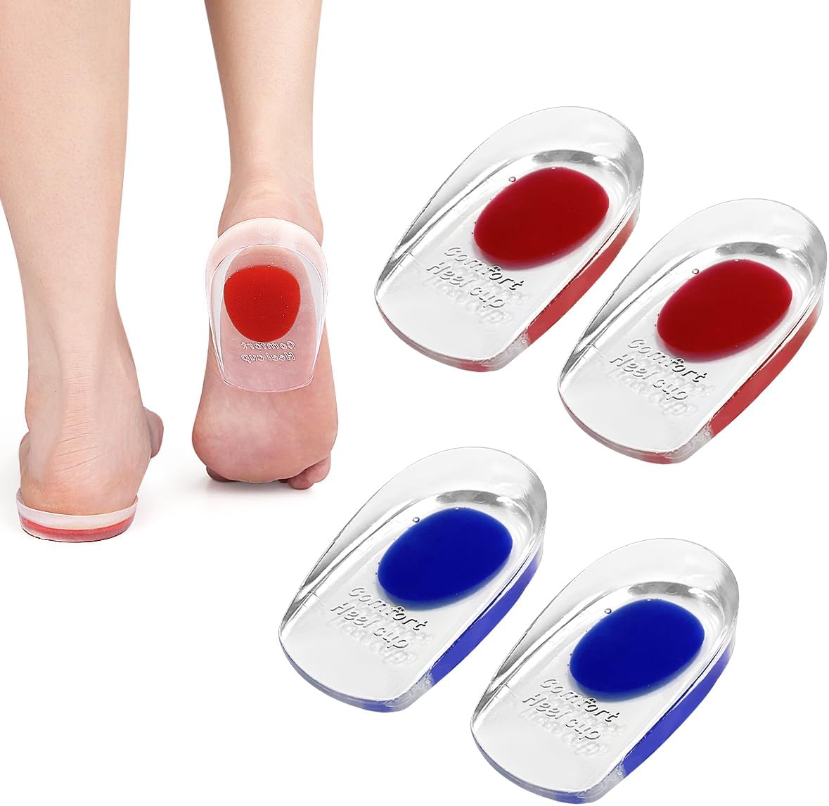 Silicone Gel Heel Cups, 2 Pairs Blue and Red Orthotic Shoe Inserts Foot Care Accessories for Men, Women Sore Heel Pain Relief (2 Sizes) image number 3