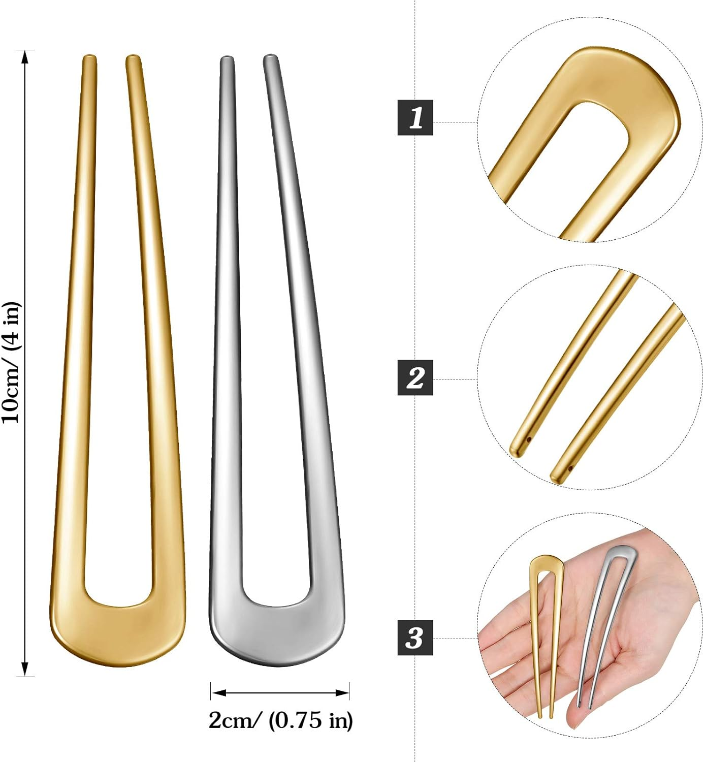 WILLBOND 6 Pcs French Hair Pins for Women French Twist Hairpins 4 Inch Metal Hair Forks U Shaped Long Chignon 2 Prong Sticks Hairpin for Lady Hairstyle Accessories(Gold, Silver)