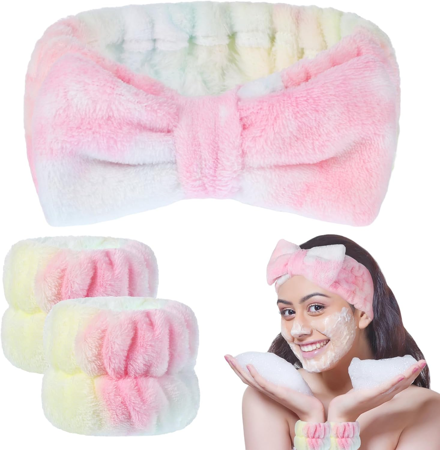 BESARME 3 Pieces Face Wash Headband and Wristband Set Soft Spa Headband and Wrist Towels for Women Makeup Skincare Headbands Wrist Bands for Washing Face(Light Coffee)