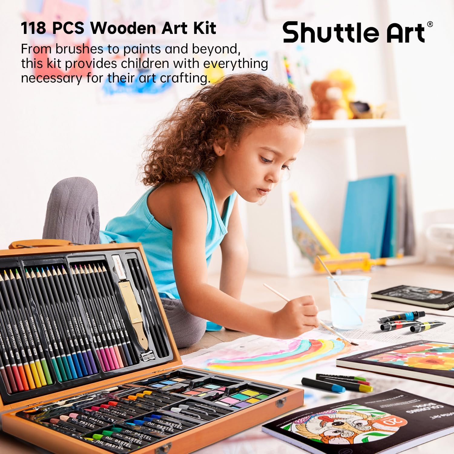 118 Piece Deluxe Art Set, Shuttle Art Art Supplies in Wooden Case, Painting Drawing Art Kit with Acrylic Paint Pencils Oil Pastels Watercolor Cakes Coloring Book Watercolor Sketch Pad for Kids Adults image number 1