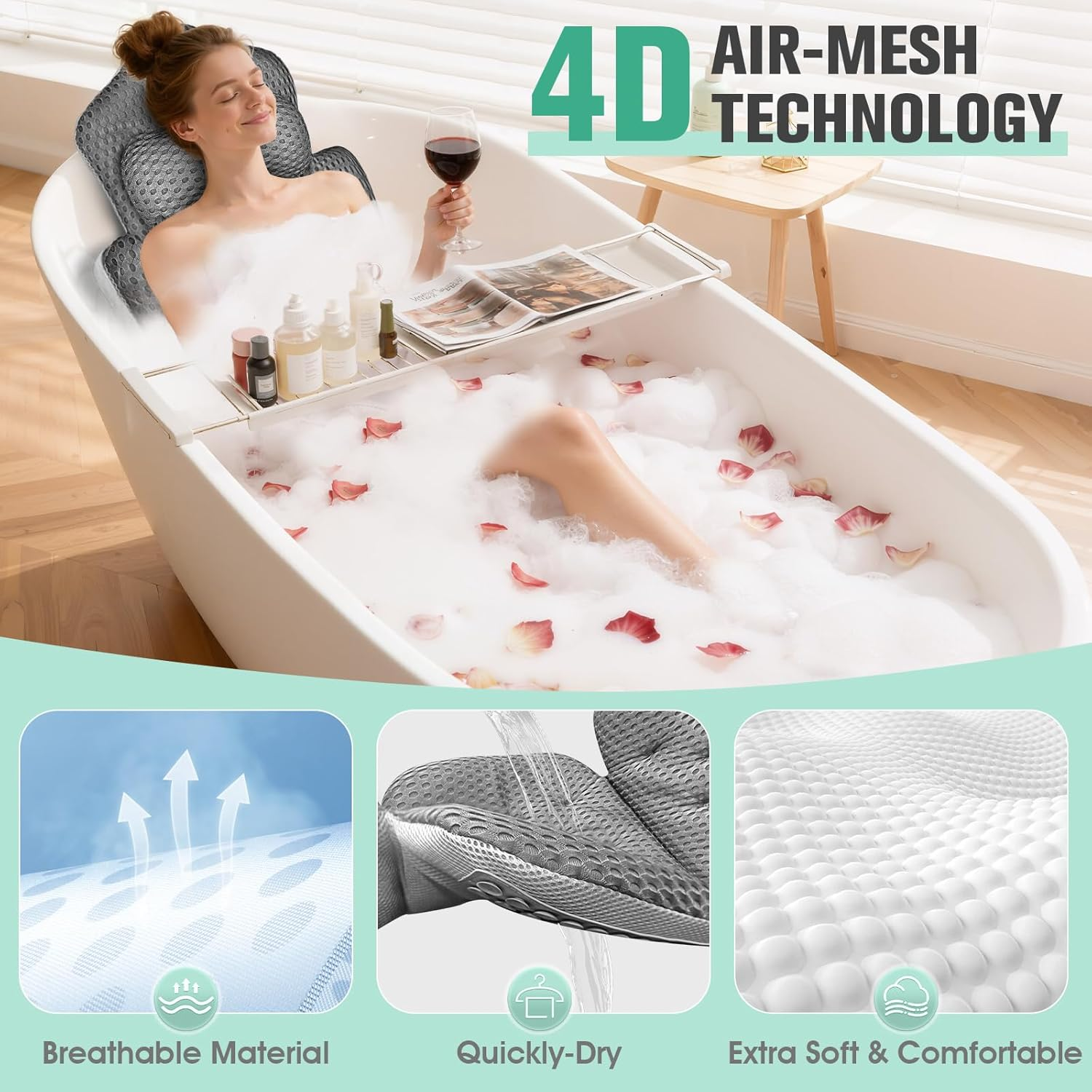 Upgraded Full Body Bath Pillow for Bathtub,Luxury Thick Bath Cushion for Soaking Tub with 192 Suction Cups,Full Body Bathtub Pillows for Head and Neck Shoulder Support,4D Air Mesh, 53" X 16" Dark Gray image number 1