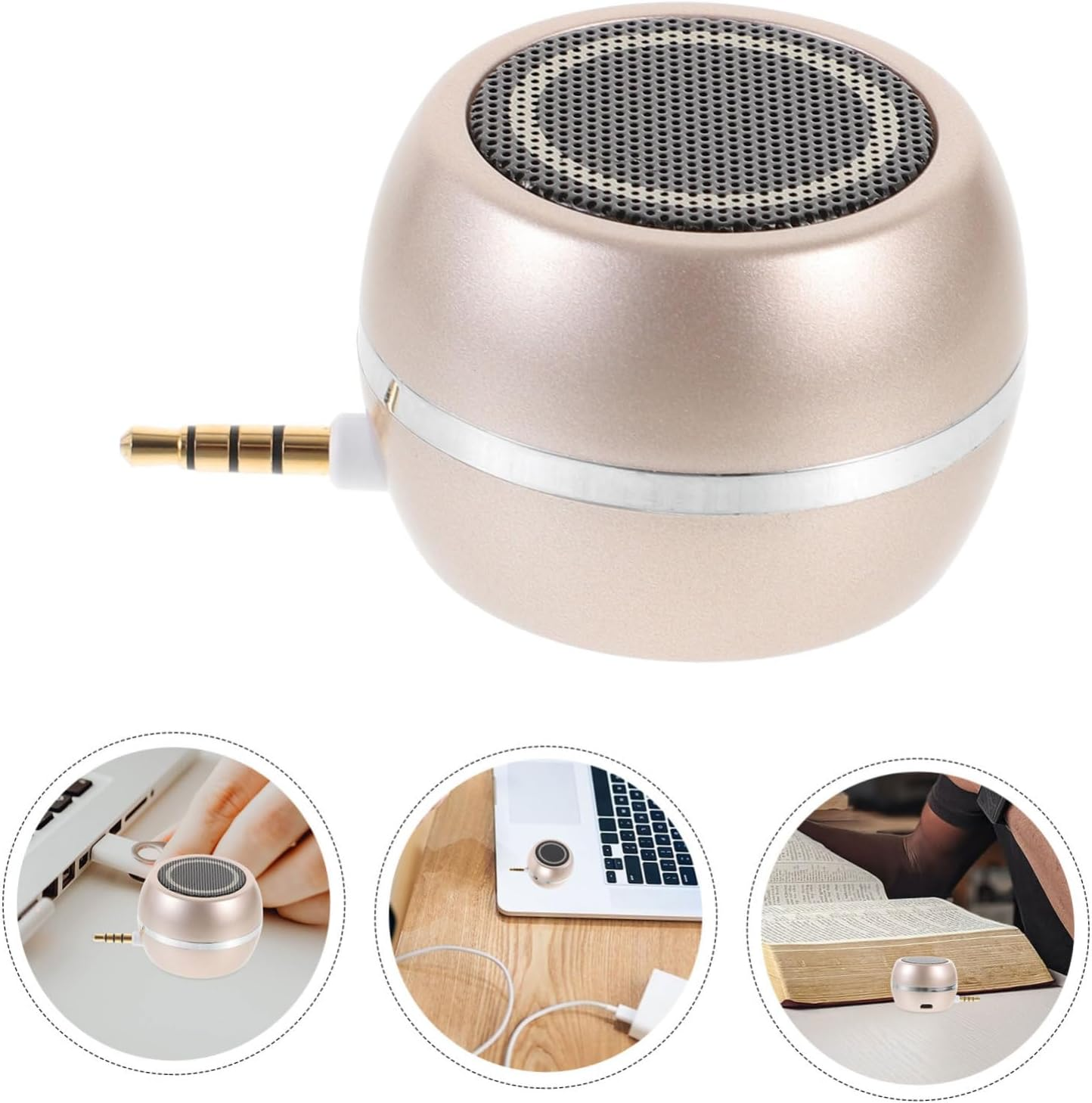 Mini Speaker 3.5Mm Aux and USB Rechargeable Desktop Loudspeaker for Mobile and Laptop, Portable Wired Aux in Speaker, Compact Gold Finish Sound System for Travel and Home Use image number 2