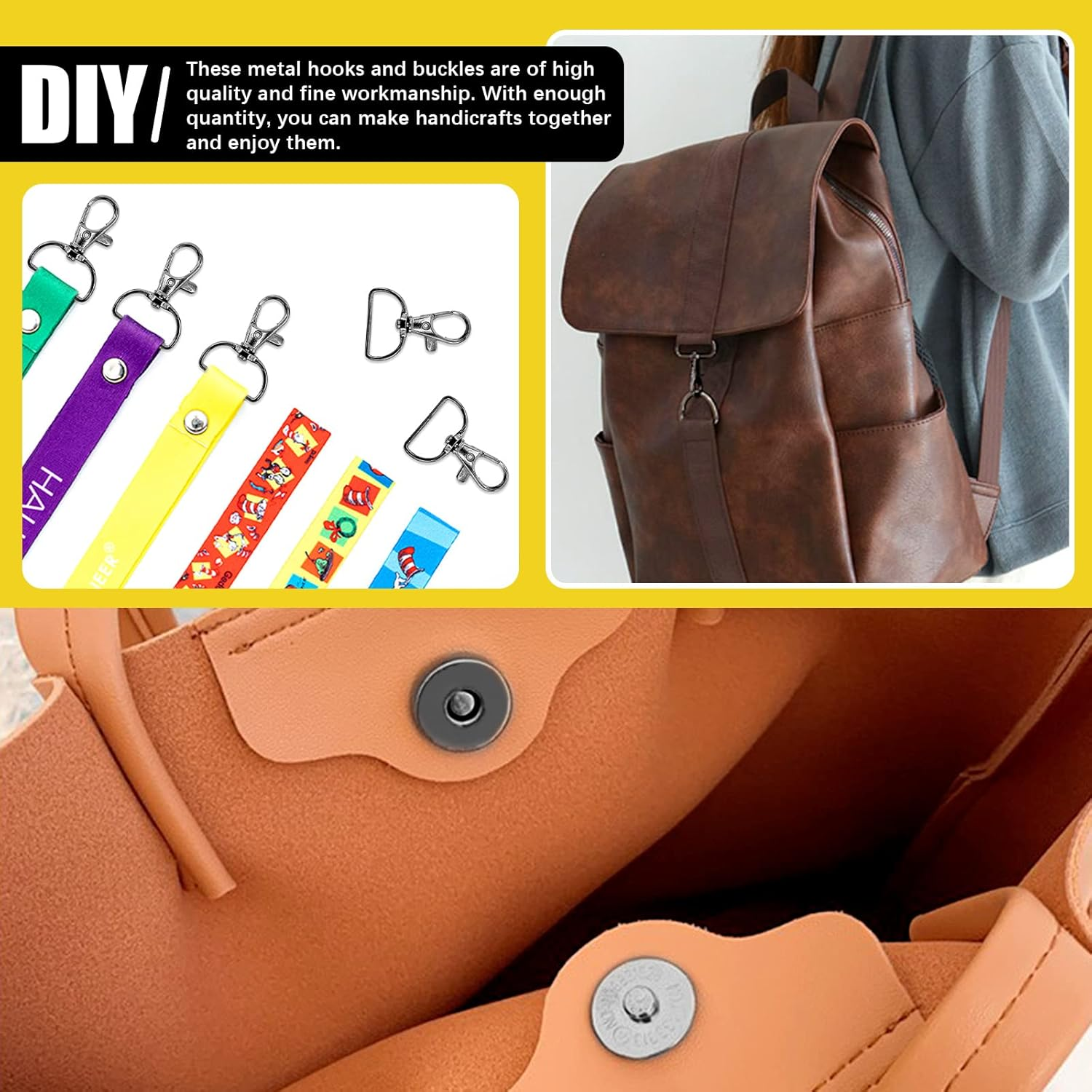 Mardatt 100 PCS 3 Colors Hardware Buckles Kit Including D-Ring, Triangle Slide Square Rings Magnetic Snap Swivel Clasp Hooks, Black image number 5