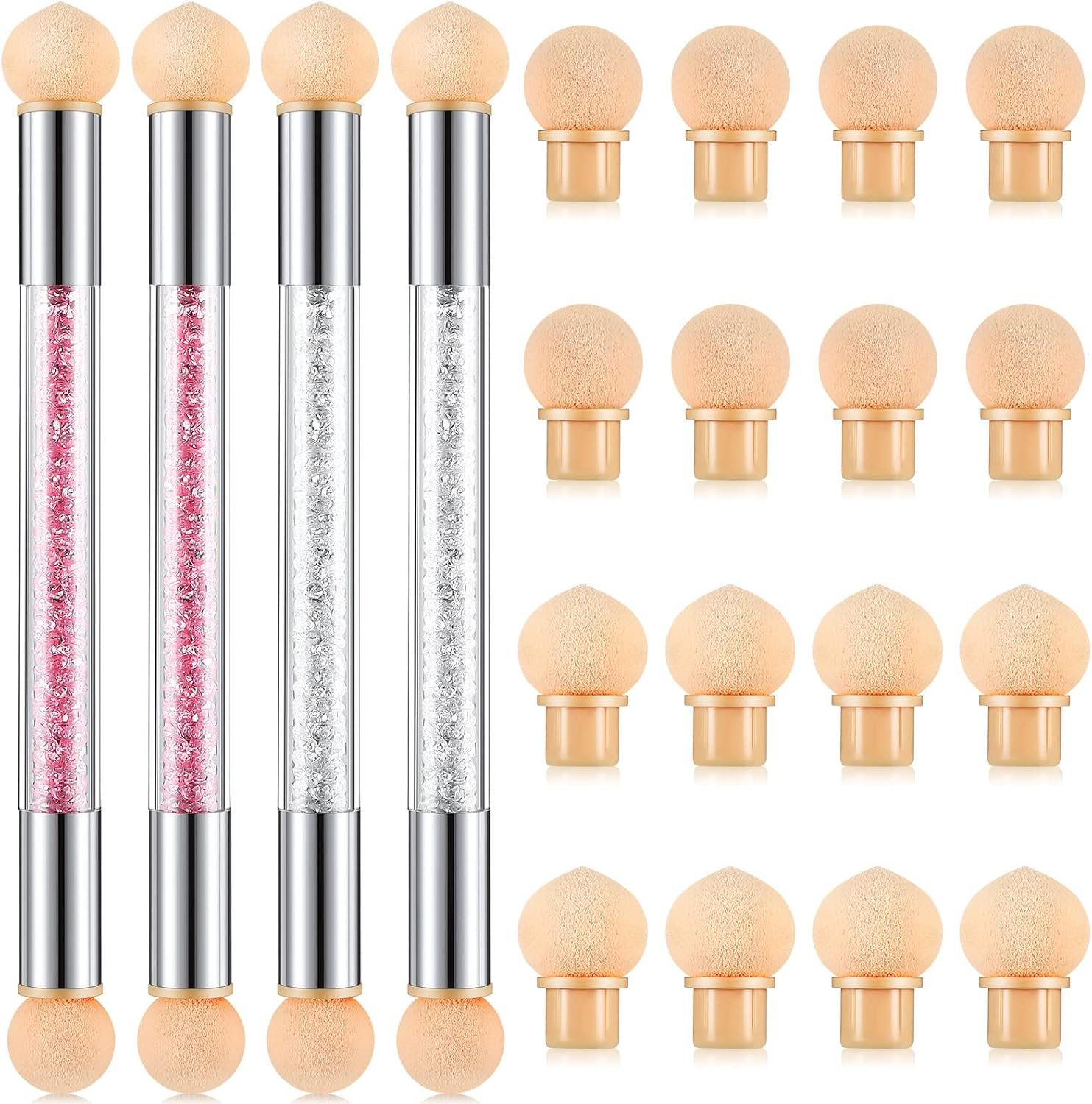 4 Pieces Nail Art Sponge Ombre Sponge Nail Brush Gradient Nail Brush Double Head Sponge Nail Art Tool with 16 Pieces Replacement Head for Nail Art Manicure(Pink, White)