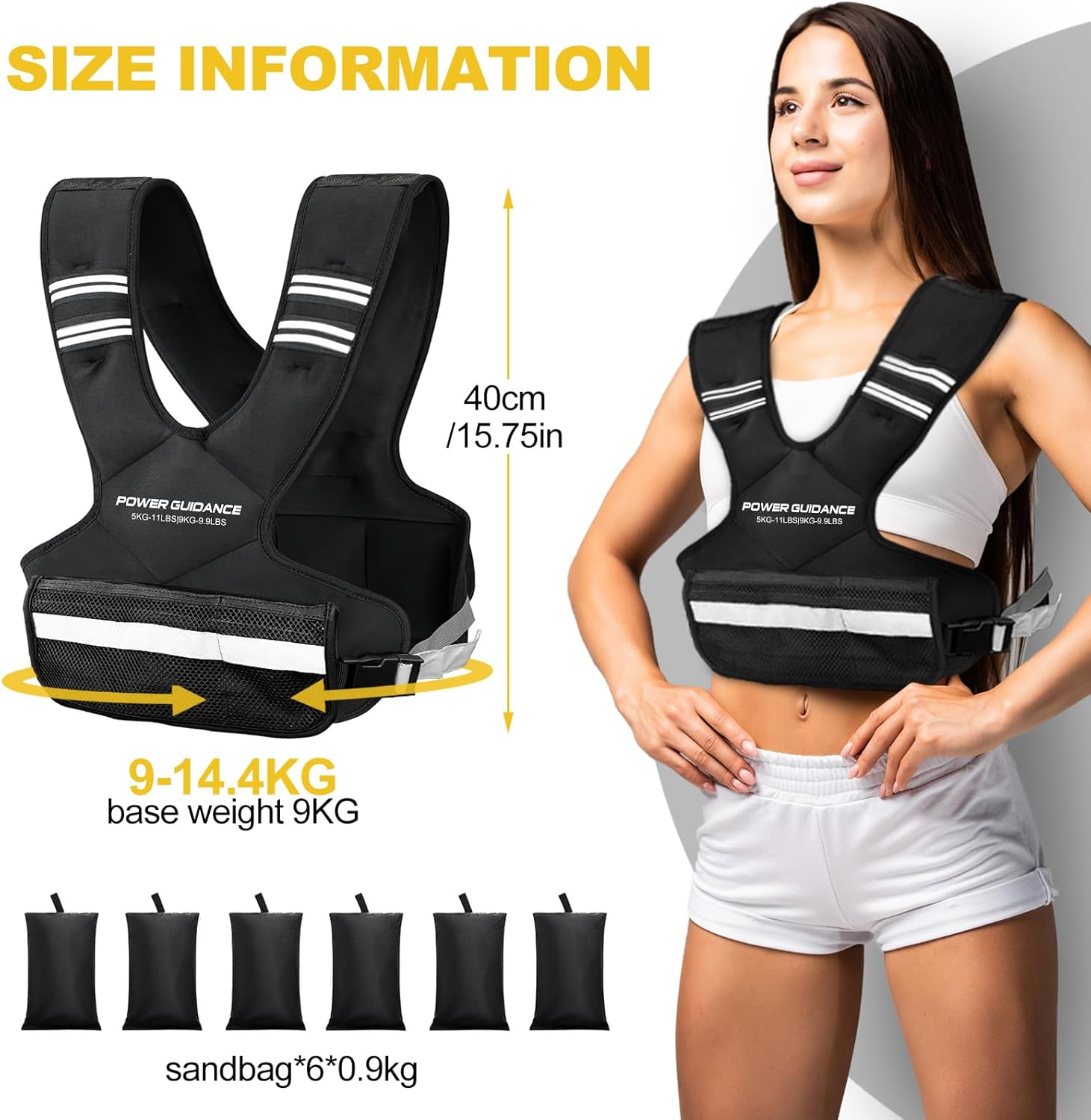 POWER GUIDANCE Verstellbare Gewichtsweste Weighted Vest, 5-9KG / 9-14.4KG Gewichtswesten Mit Reflektierenden Streifen F&uuml;r Mann Und Frau, Laufweste & Trainingsweste F&uuml;r Krafttraining & Aerobic-&Uuml;bungen image number 3