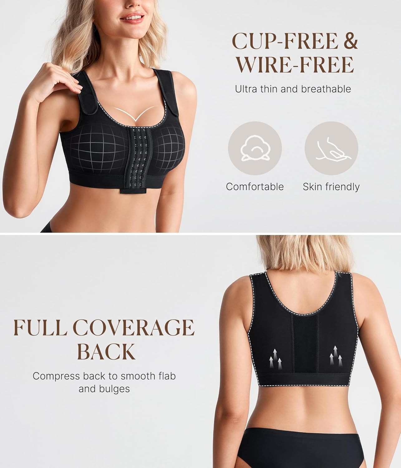 Post Surgery Compression Bras for Women Front Closure Mastectomy Bra with Wide Adjustable Straps Wirefree image number 7