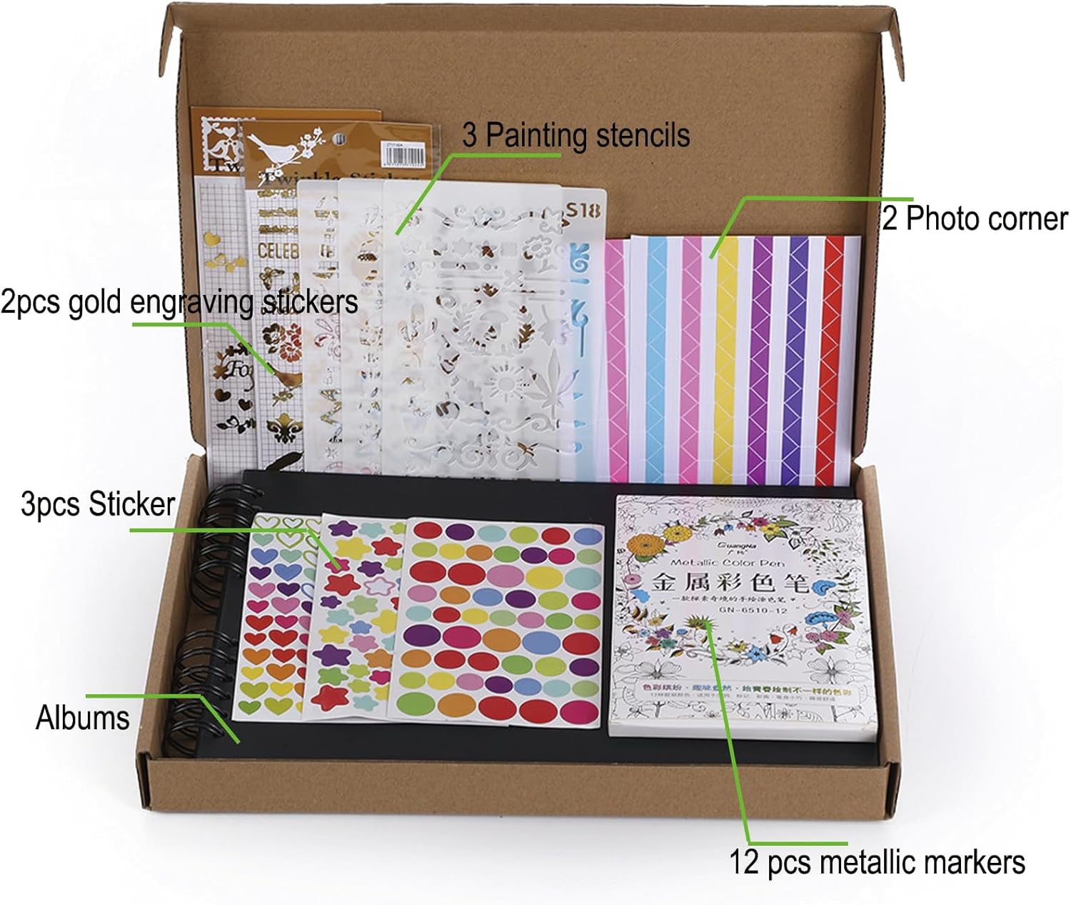 Scrapbook Photo Album DIY Set with Stickers and Colorful Pens，80 Pages (40 Sheets) Hardcover Pictures Book 11X8 Inches Handmade DIY Album Craft Paper Kits for Wedding Birthday Gift