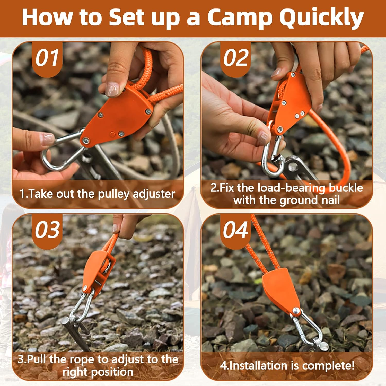 Pack of 4 4 Mm Reflective Guy Ropes Rope with Rope Tensioner, 4 M Rope Ratchet Tent Cord Luminous with Tensioner Adjuster Adjustable Nylon Outdoor Rope for Tent Tarpaulin Awning Camping image number 2