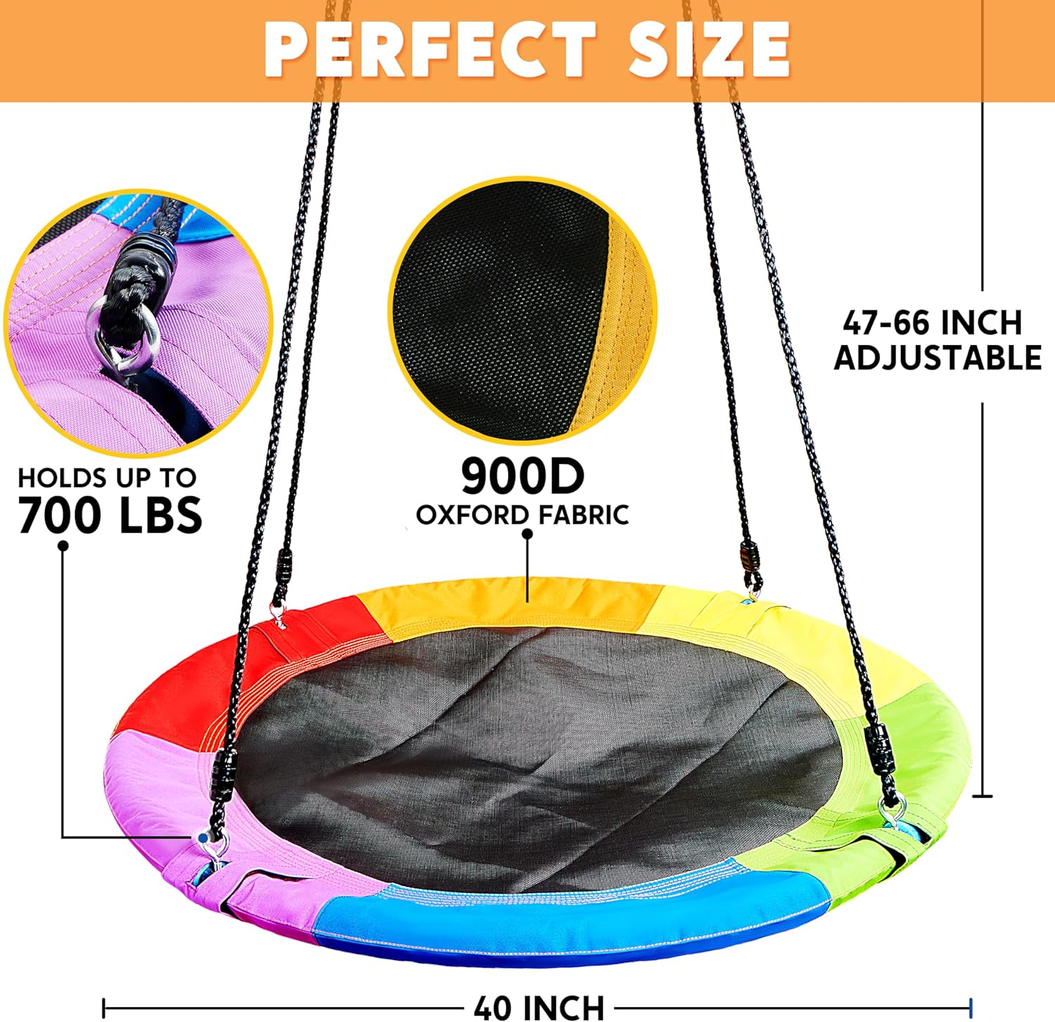 TURFEE 40" Saucer Tree Swing for Kids - 700Lb Weight Capacity, 900D Waterproof Oxford Fabric Platform Swing Seat with Adjustable Ropes for Kids Playground Outdoor Activity Backyard Fun (Rainbow) image number 5