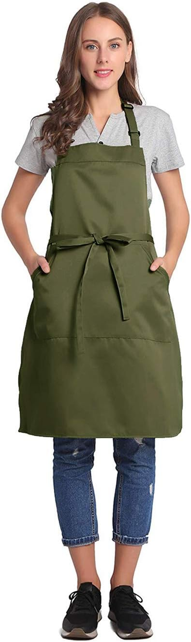 BIGHAS Adjustable Bib Apron with Pocket Extra Long Ties for Women Men, 18 Colors, Chef, Kitchen, Home, Restaurant, Cafe, Cooking, Baking (Bronze Green)