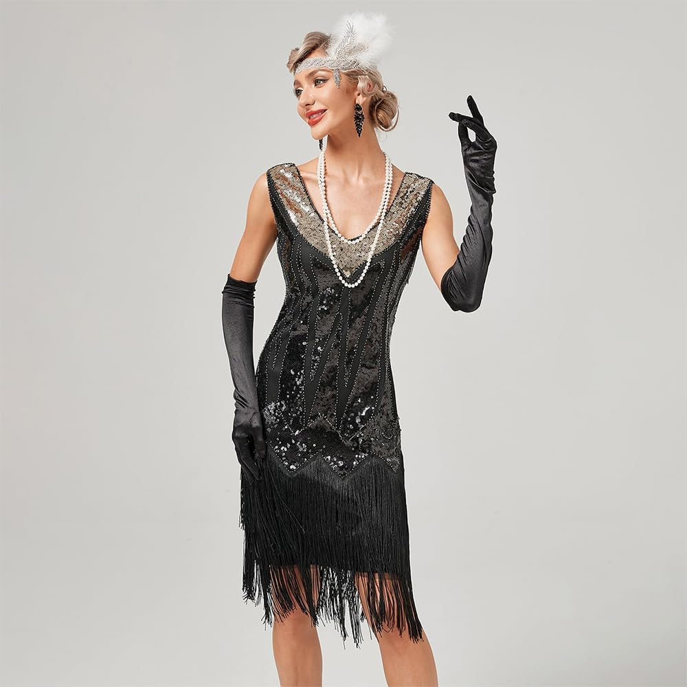 AUTOWT 1920S Women'S Flapper Dresses, V Neck Beaded Fringed Great Gatsby Roaring 20'S Costume Dress for Halloween Christmas Theme Party image number 3
