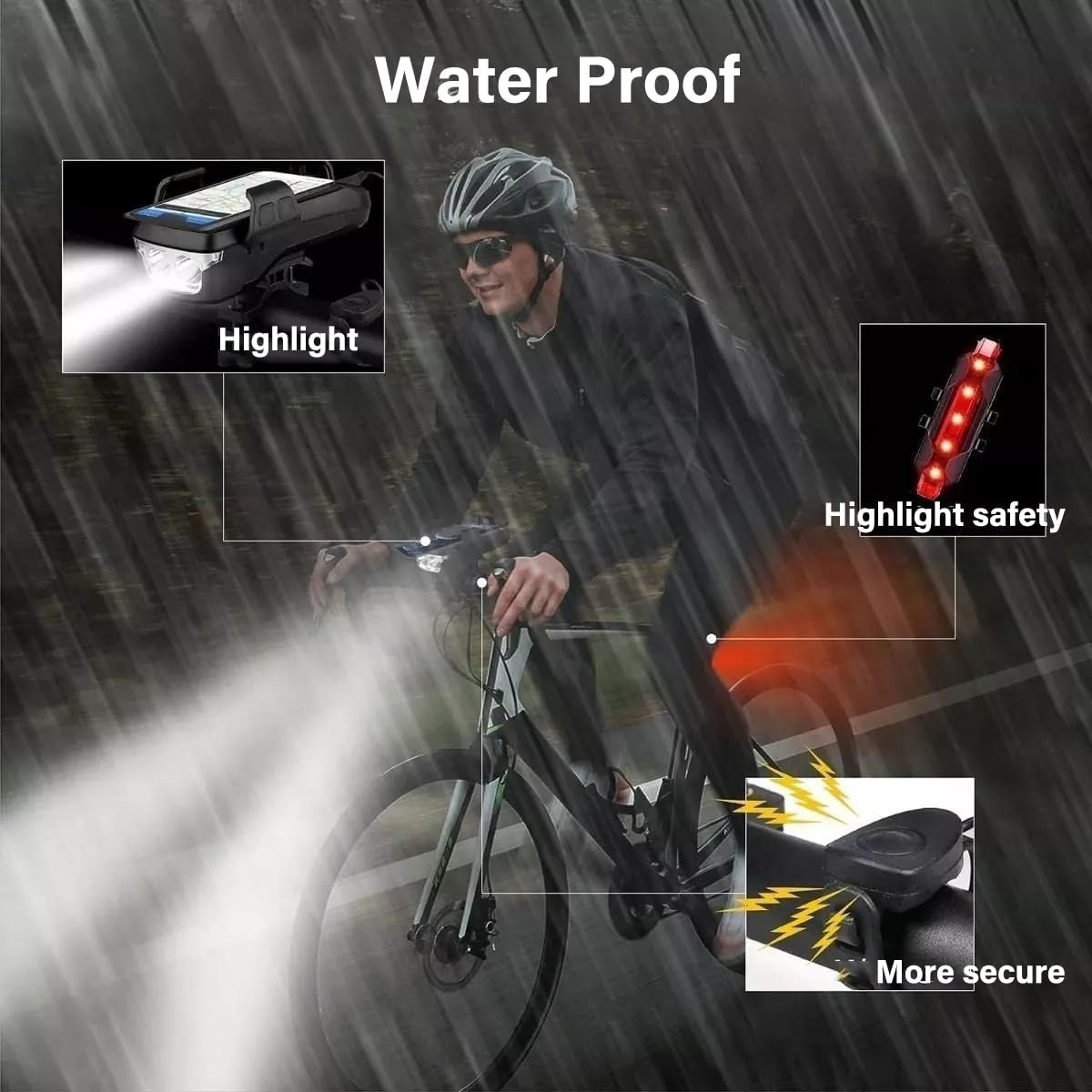 Bike Light, Bike Accessories, Set for Bike Light+ Bike Back Light + Phone Holder + High Decibel Speaker + Charging Cable ， Ipx6 4000Mah ，Black image number 5