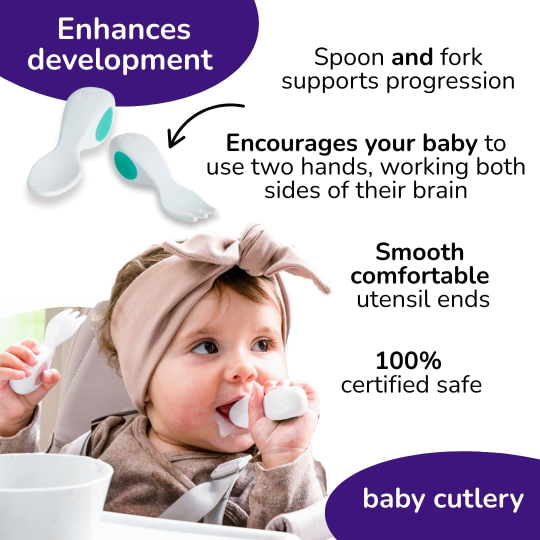 Doddl Baby Spoon and Fork, Cutlery Set for Babies 6+ Months, Learn to Self-Feed. Helps Weaning (Aqua), 3 Count (Pack of 1)