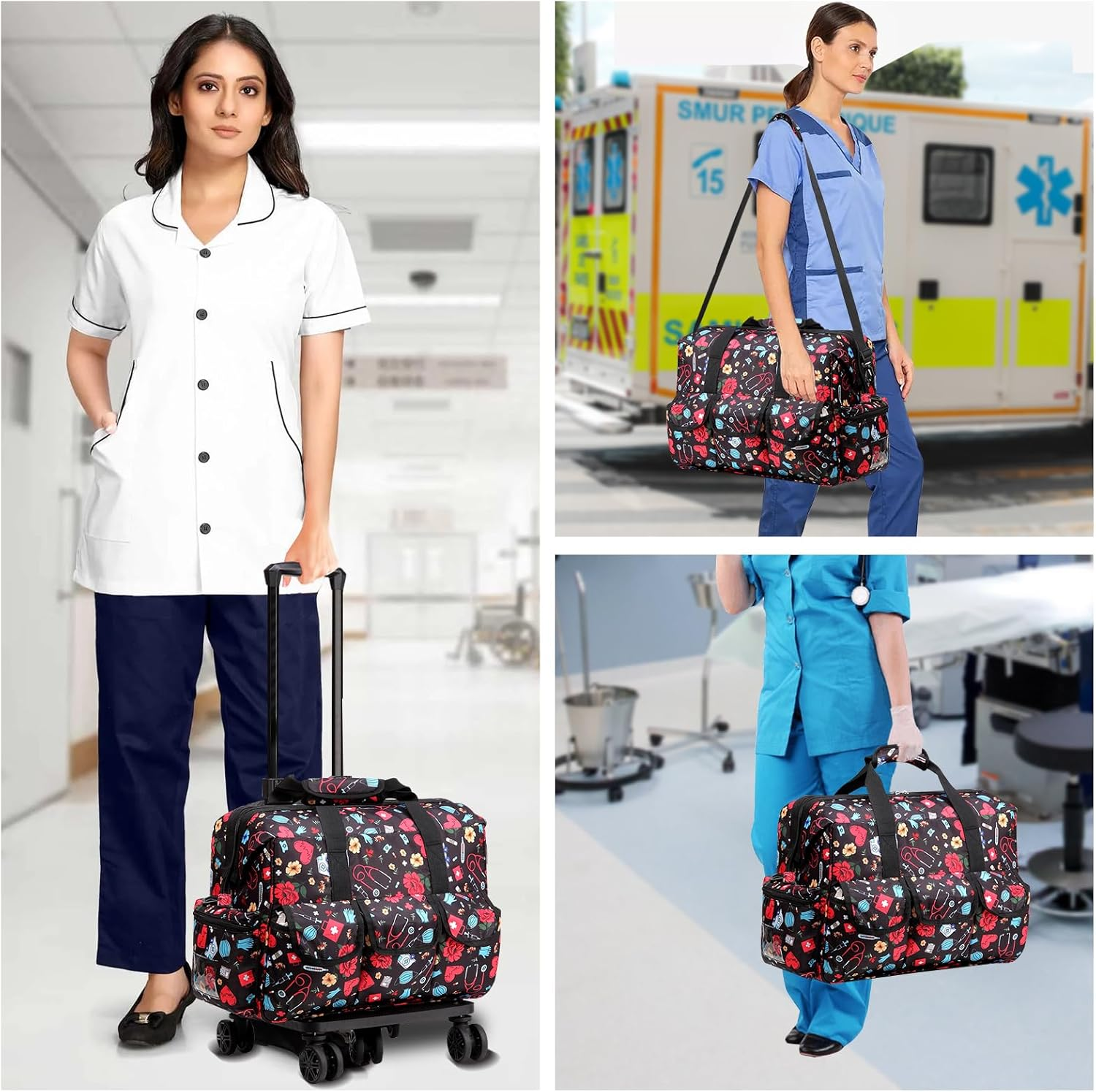 Nurse Rolling Medical Duffle Bag for Work, Clinical Home Health, CNA Gift - Carry on Bag with Wheels for Doctor, EMT, EMS Healthcare, 18.5 X 10.7 X 13 Inches - Black And Red image number 7