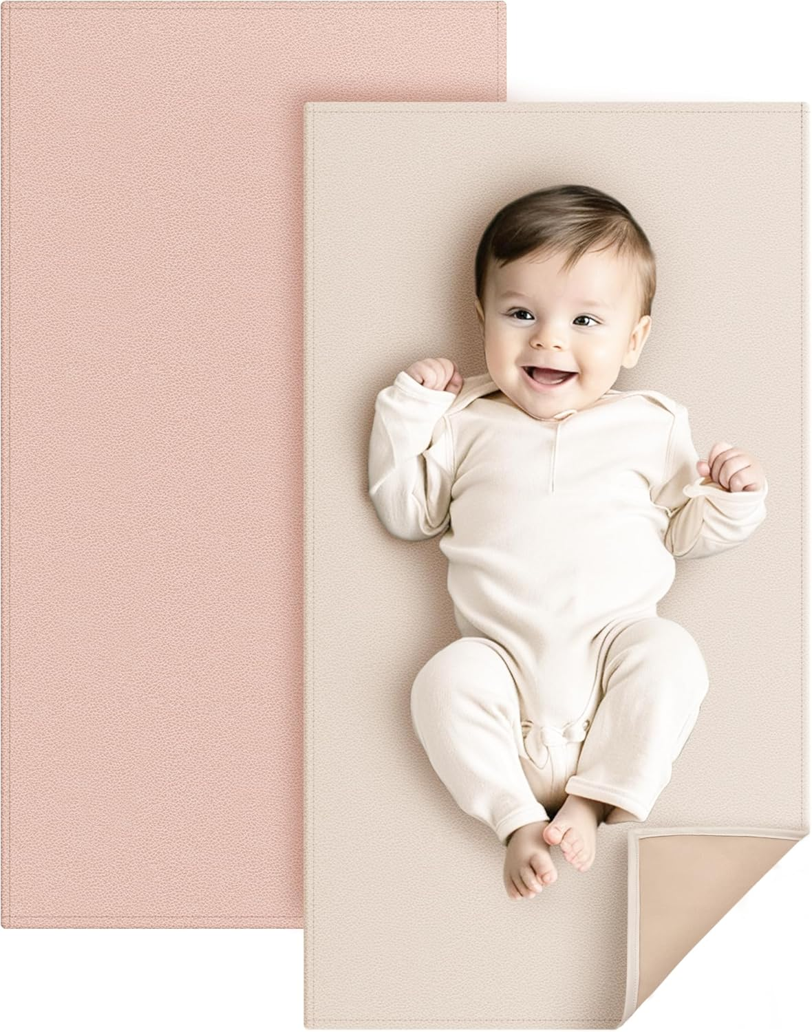 Konssy Faux Leather Baby Changing Mat 2 Pack, Waterproof, Wipeable & Portable Diaper Changing Pad for Travel or Home, Foldable Mat Fits Perfectly in Diaper Bag, 30 X 17 Inches (Brown,Beige)