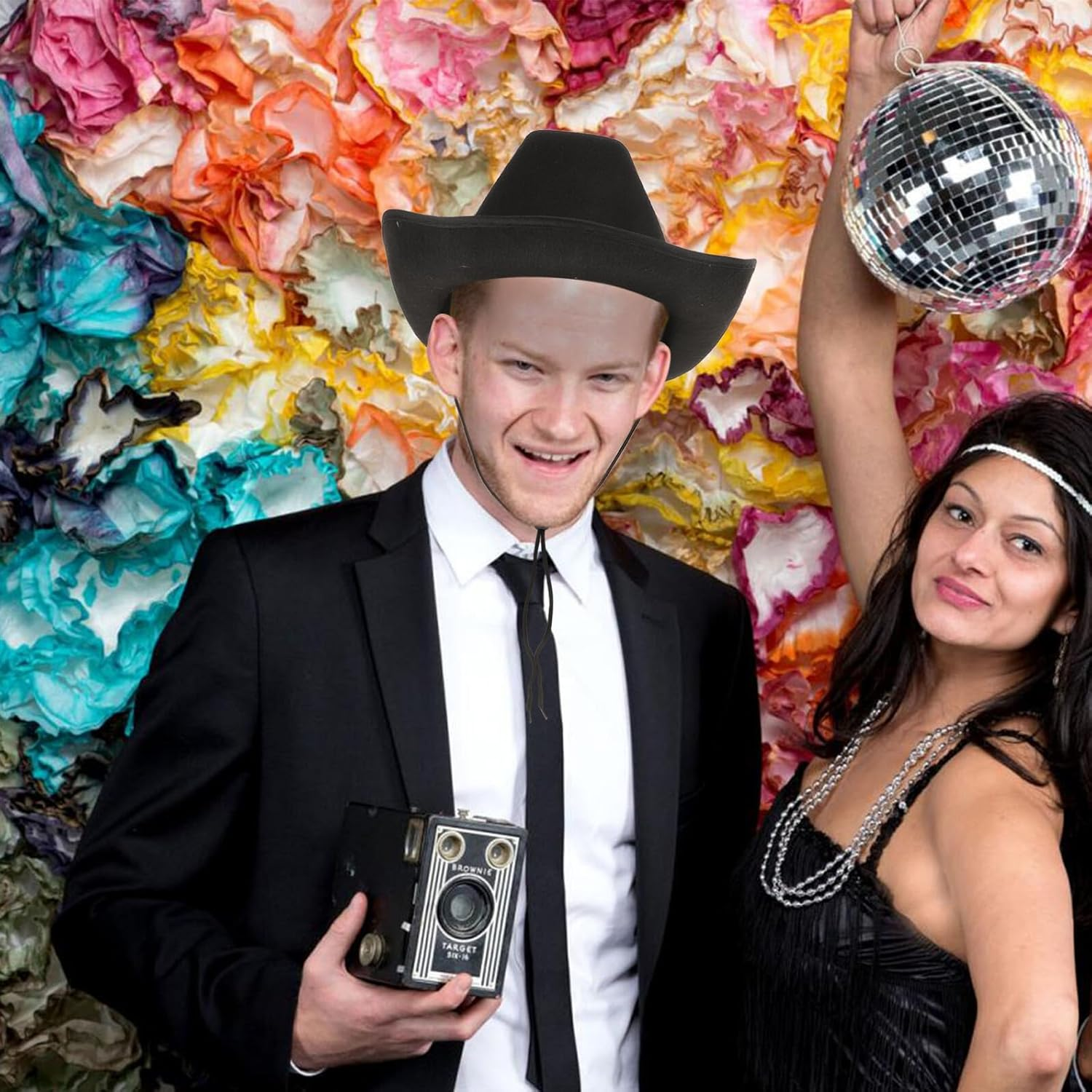 JOINPAYA Western Cowboy Cowgirl Hat with Chin Strap Wide Brim Black Party Festival Hat for Women Country and Western Dress-Up Accessory image number 3