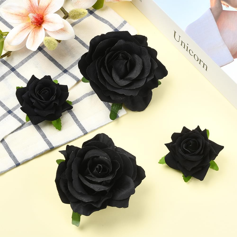 SOFPLATE Pack of 4 Black Rose Hair Clips Flowers Hair Brooch 2 in 1 Fabric Flower Clips Brooches Hats Bags Clothing Hair Pins Decoration Accessories for Wedding Party Halloween Fancy Dress Accessories image number 6
