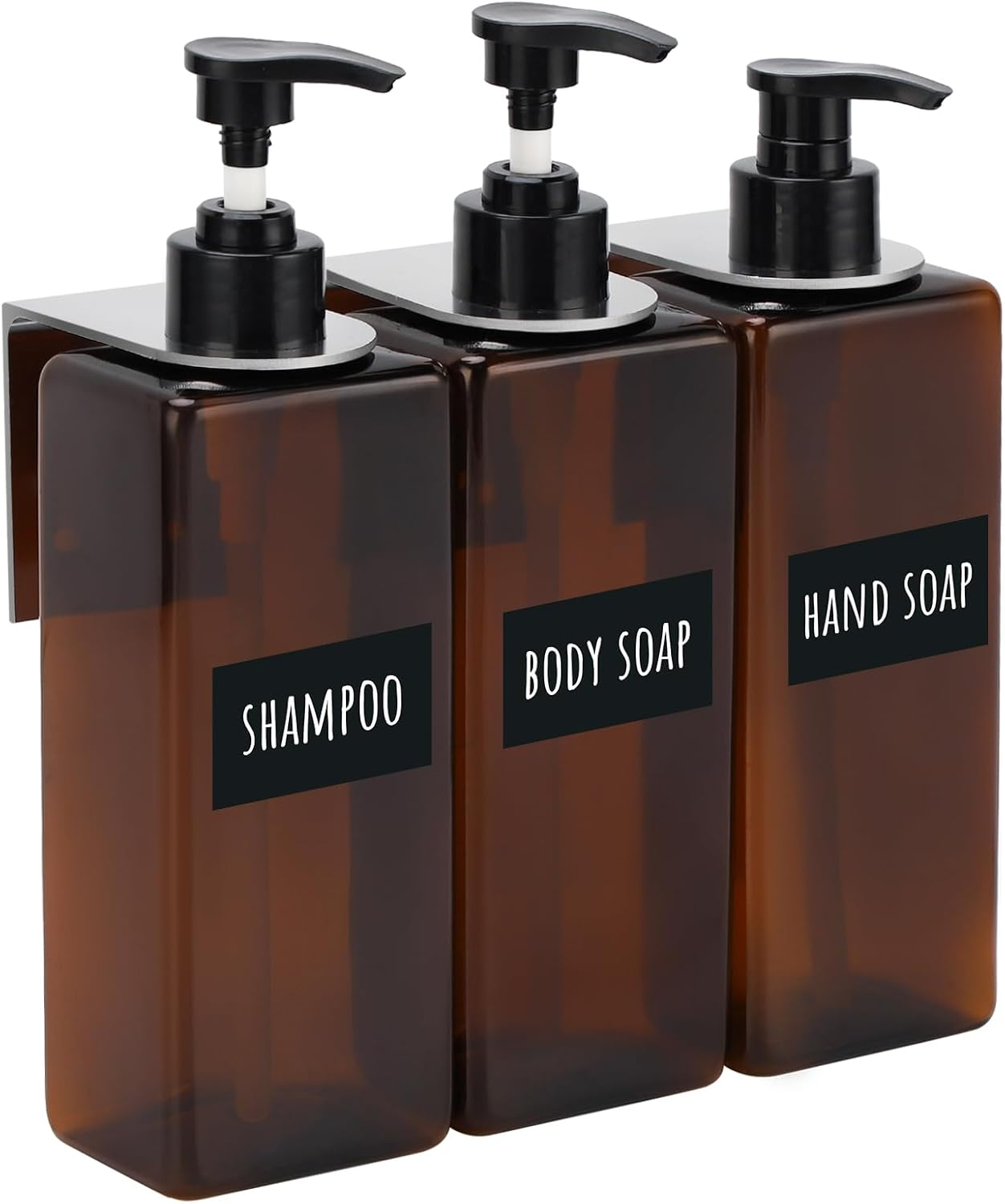 Segbeauty Square Soap Dispenser Black, 3Pcs 16.9Oz Refillable Shampoo & Conditioner Bottles, 500Ml Empty Reusable Plastic Pump Bottle Bathroom Shower Set for Body Wash Liquid Gel Lotion (SBFBA160931)