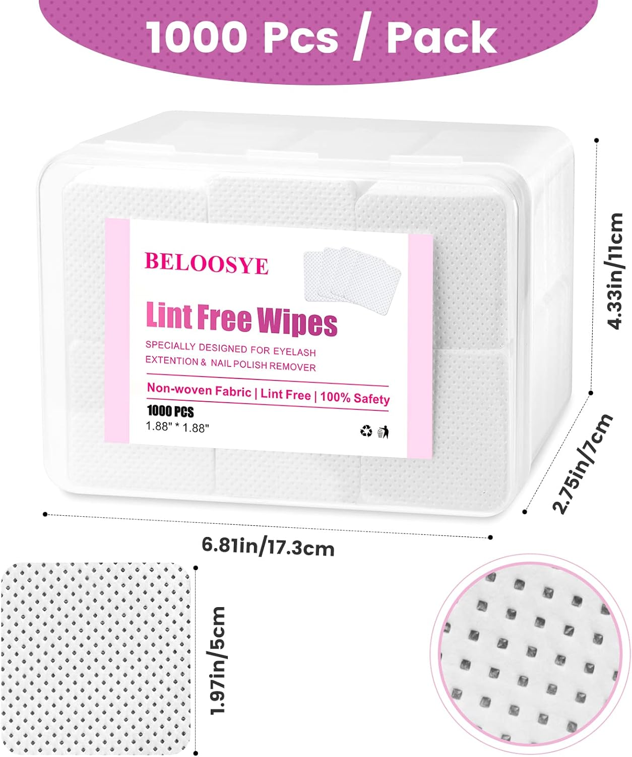 1000 PCS Lint Free Nail Wipes,Eyelash Extension Glue Wipes with Container,Super Absorbent Soft Non-Woven Fabric Lash Glue Wipes,Lint Free Wipes for Lash Extension Supplies & Nail Polish Remover-White image number 2