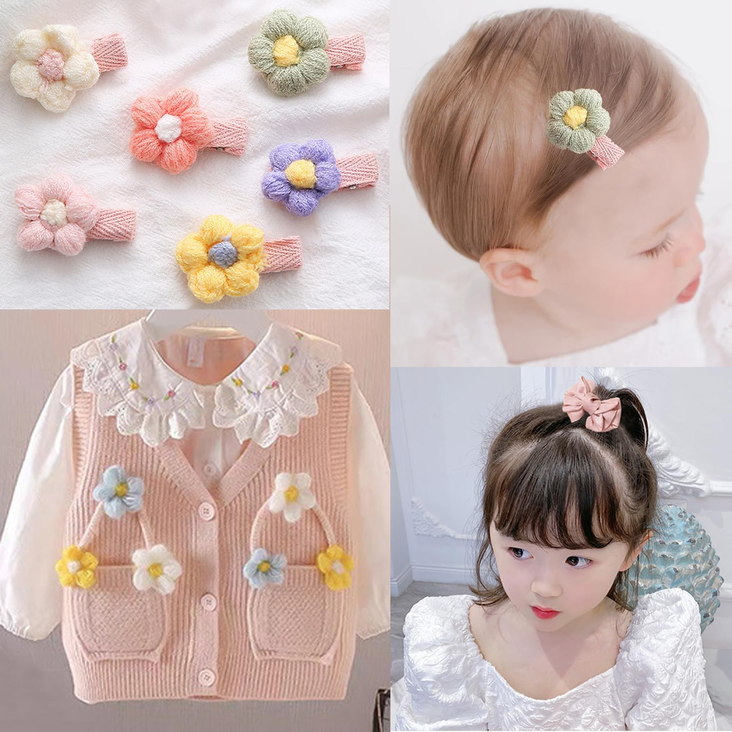 Taicols Knitted Hairpins Baby Hair Clips, 12 Pcs Plush Baby Flower Hairpins Girls Hair Clips Toddler Barrettes Fully Lined Alligator Clips Baby Girl Hair Clips for Girls Toddler Kids Children(Style 4) - Style 3 image number 6