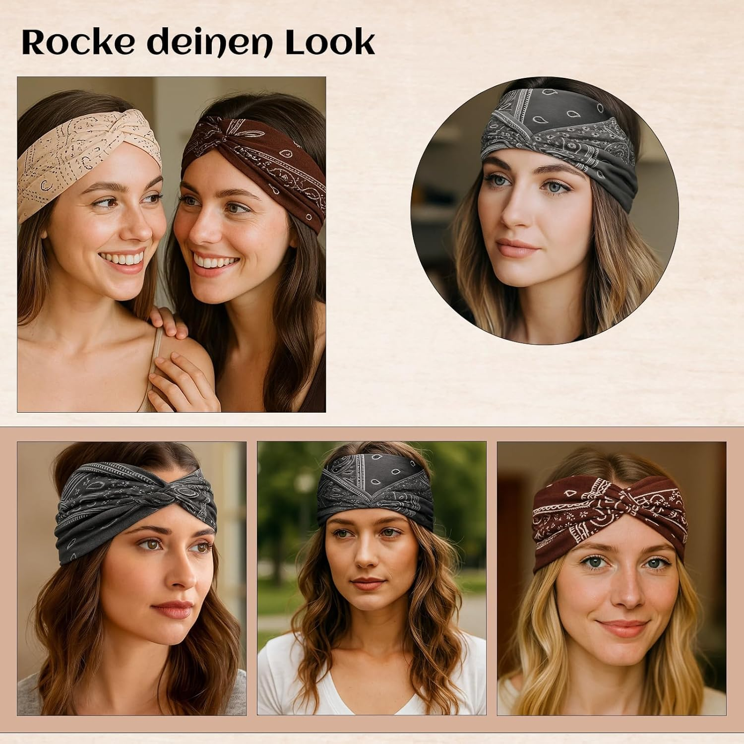 Hair Band Cosmetics, Pack of 4 Women'S Hair Bands in Brown, Beige, Black and Green, Soft Headband for Sports and Everyday Use, Comfortable Headscarf for Women with Good Fit