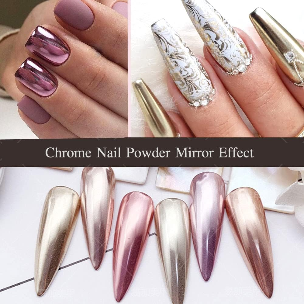 Prettydiva Chrome Nail Powders - 6 Colors Solid Chrome Nail Powders Mirror Finish Palette Set, Rose Gold Silver Red Pink Champagne Mutil Chrome Powder Metallic Nail Pigment Powder for Nails image number 2