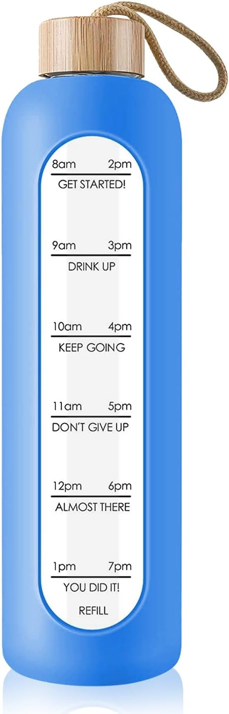 Glass Water Bottle 1 L with Time Markings - 1 Litre Leak-Proof Sports Glass Water Bottle with Bamboo Lid for Sports, Leisure, 1000 Ml Reusable Shatterproof Silicone Cover Water Bottle (White)