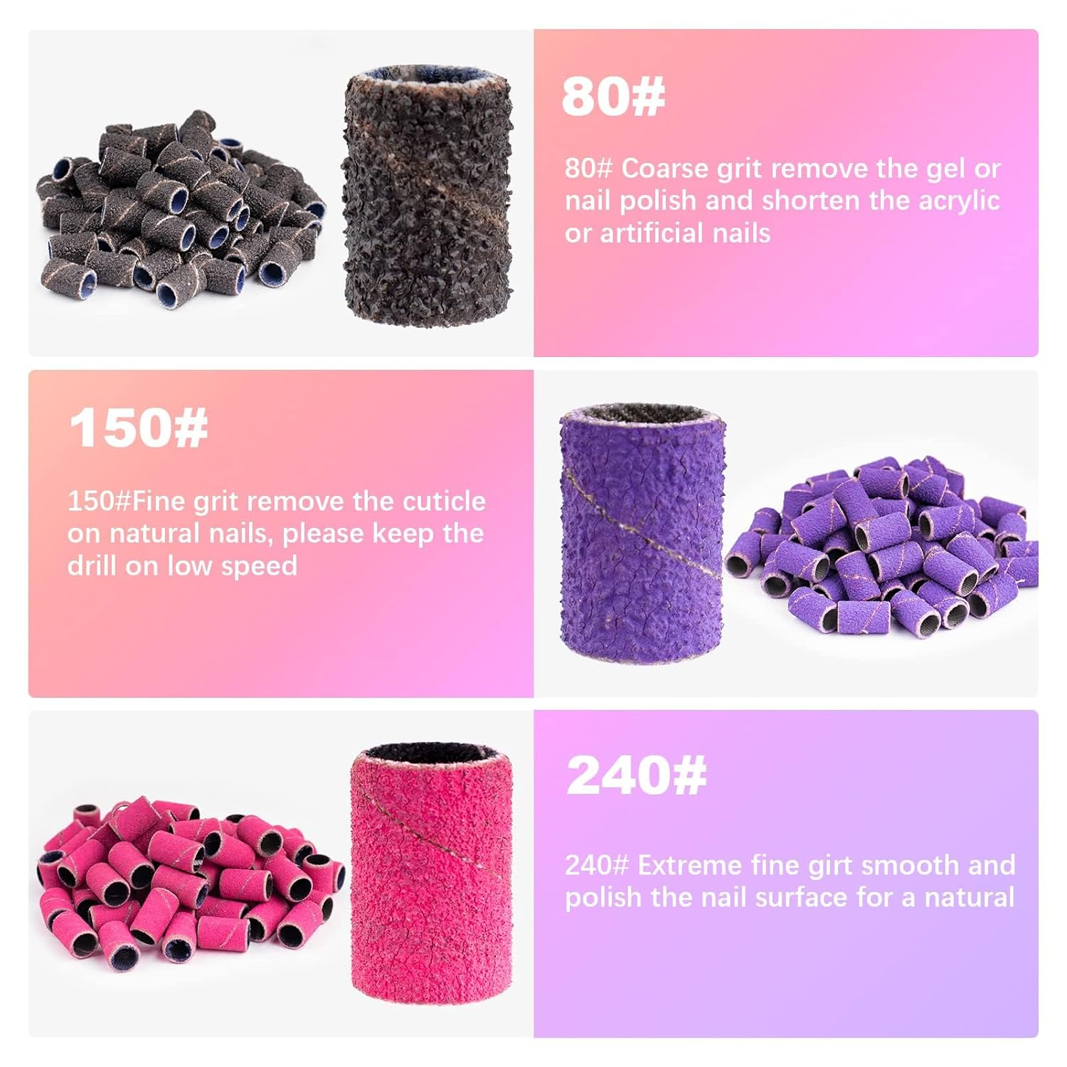 GOMRQING Sanding Bands for Nail Drill - 210 Pcs Coarse Fine #80#150#240 with 3/32" Mandrel Bit Boxed for Electric Nail Drill image number 5