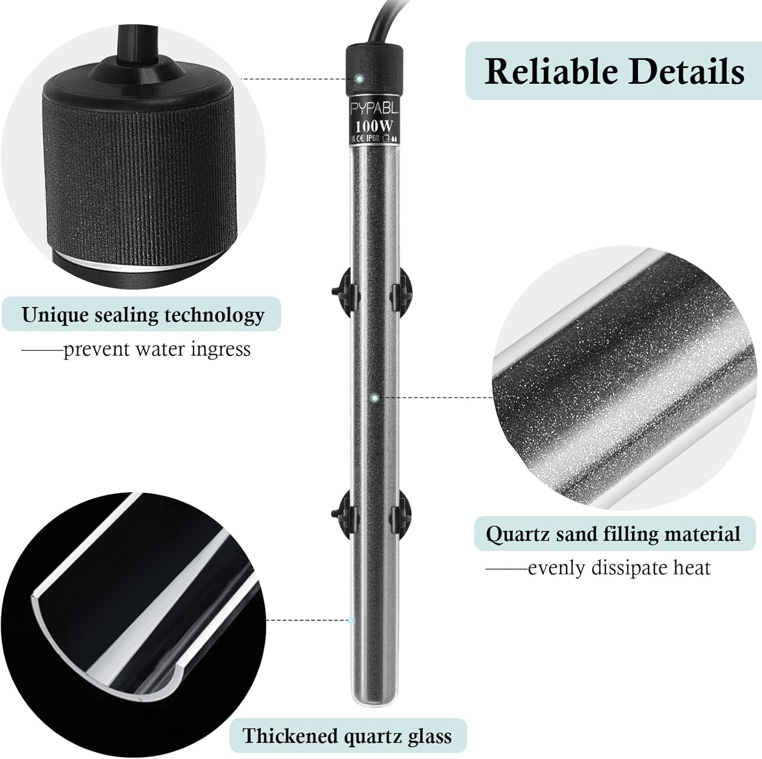 PYPABL Mini Submersible Aquarium Heater, 25W 50W 100W Small Heater for Fish Tank 1-100L with External Controller (100W) image number 2