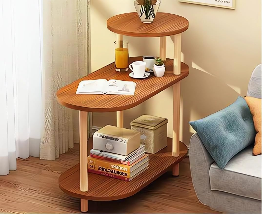 Wooden Side Table with Shelves, 2 Tier, round and Oval Tops End Tables (Dark Wood)