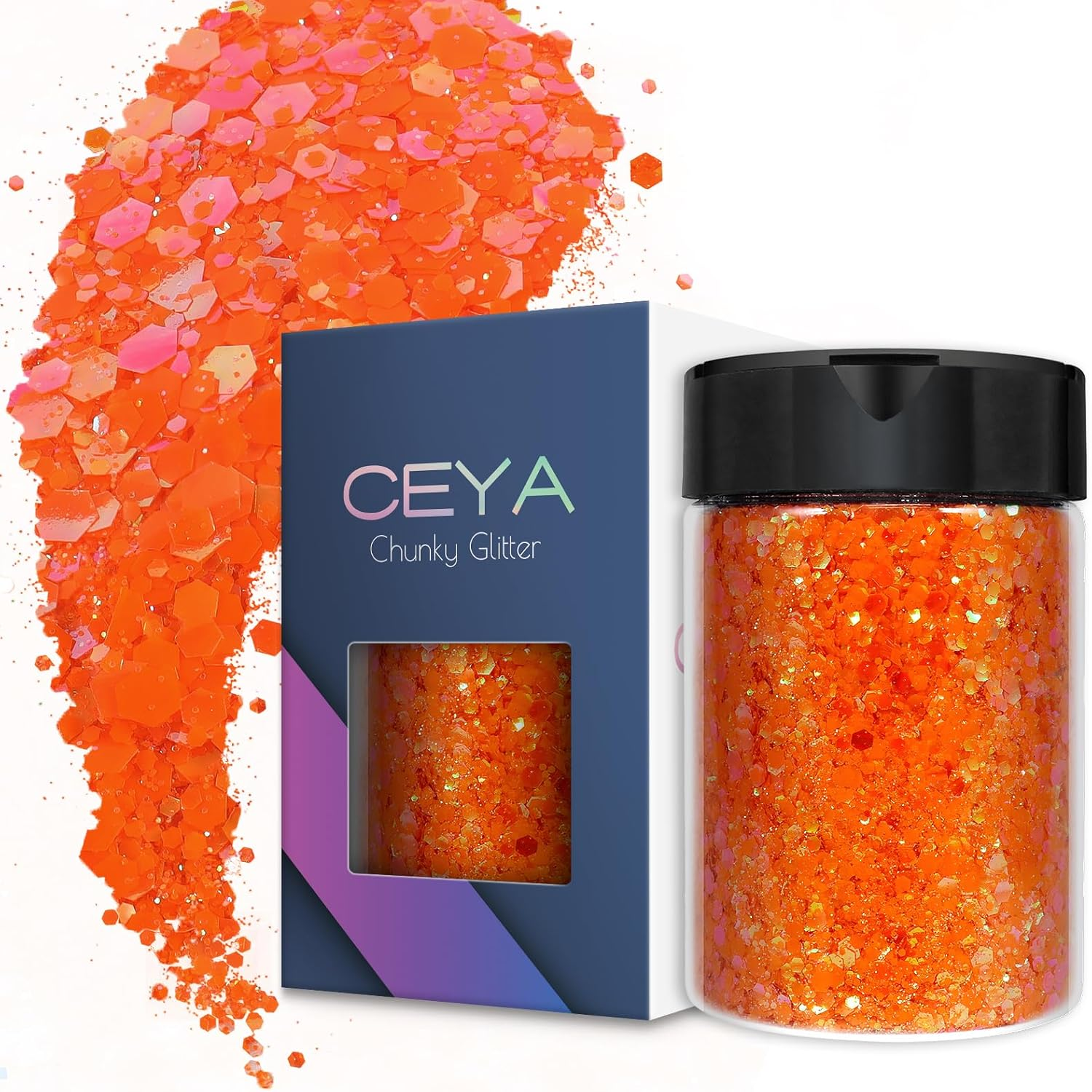 Ceya Chunky Glitter, 4.9Oz/ 140G Iridescent Orange Craft Glitter Powder Mixed Fine Flakes Iridescent Nail Sequins for Nail Art, Hair, Epoxy Resin, Tumblers, Slime, Painting, Festival Decor - Blue image number 2