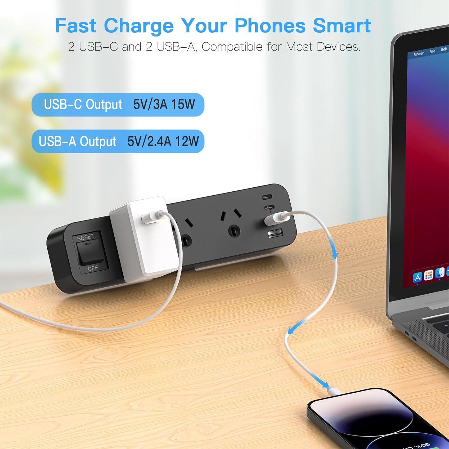 Yundian Power Strip with USB, 3 AC Outlets, 2 USB C Ports, 2 USB a Ports, 2M Extension Cord, 10A/2500W, Black - Black image number 2