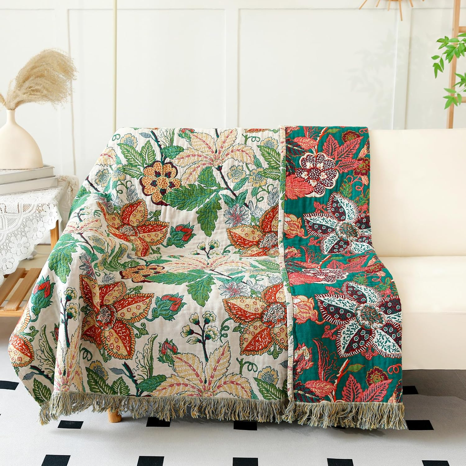 MSGKV Boho Throw Blanket for Bed Twin Size Cotton Muslin Breathable Floral Blanket 60"X80" Sofa Couch Blankets for All Seasons Lightweight Farmhouse Blankets Boho Home Decor image number 4