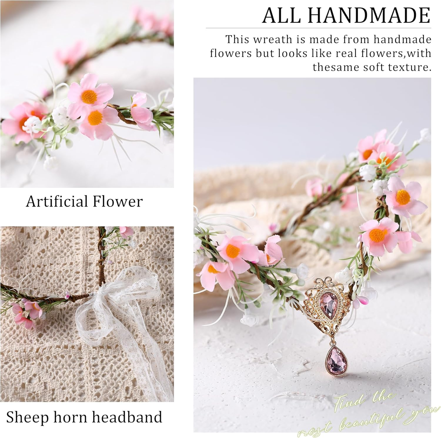 MOSTORY Woodland Fairy Crown for Renfaire Women Cosplay, Pink Forest Flower Elven Cirlet for Halloween Party image number 4